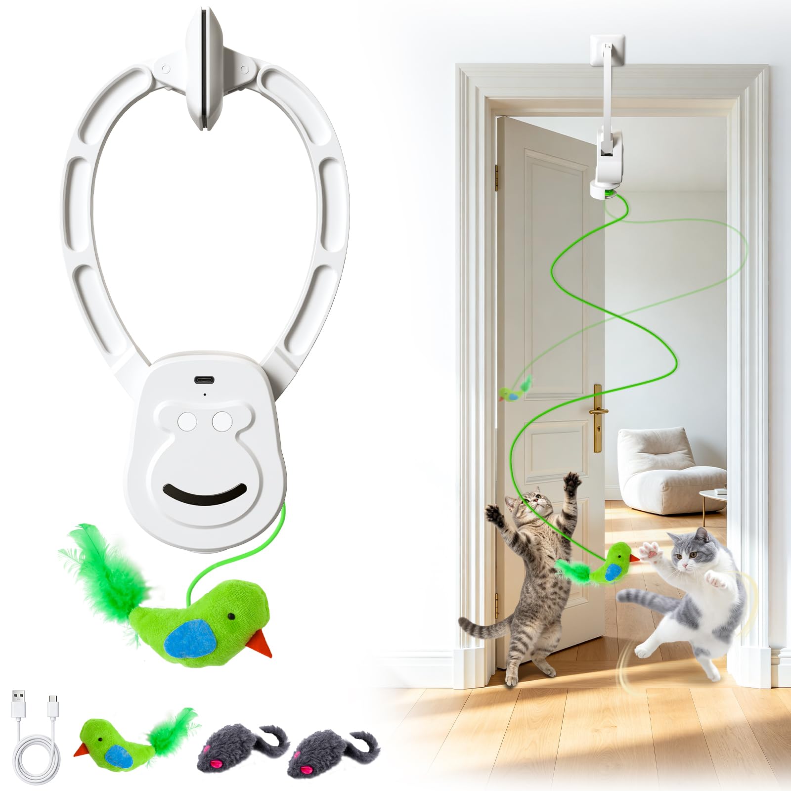 Zeepet Interactive Cat Toys for Indoor Cats - Hanging Flying Bird & Mouse Doorway Toy, USB Rechargeable Electric Kitten Toy for Hunting Instinct, Enrichment & Exercise