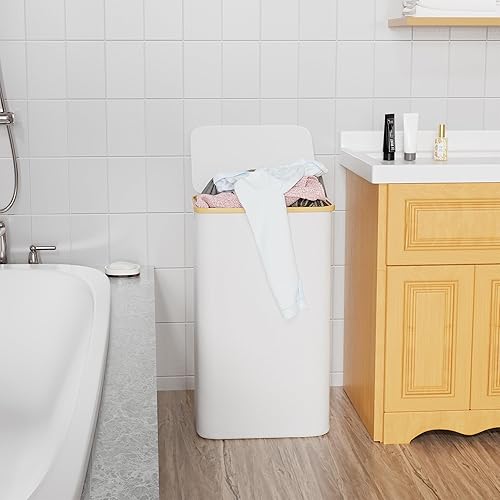 Miniatura 4 de SUOCO Cesta de lavandería con tapa, cesta de ropa de 29 galones (110 litros) con asas de bambú, cesta grande plegable para la ropa sucia para