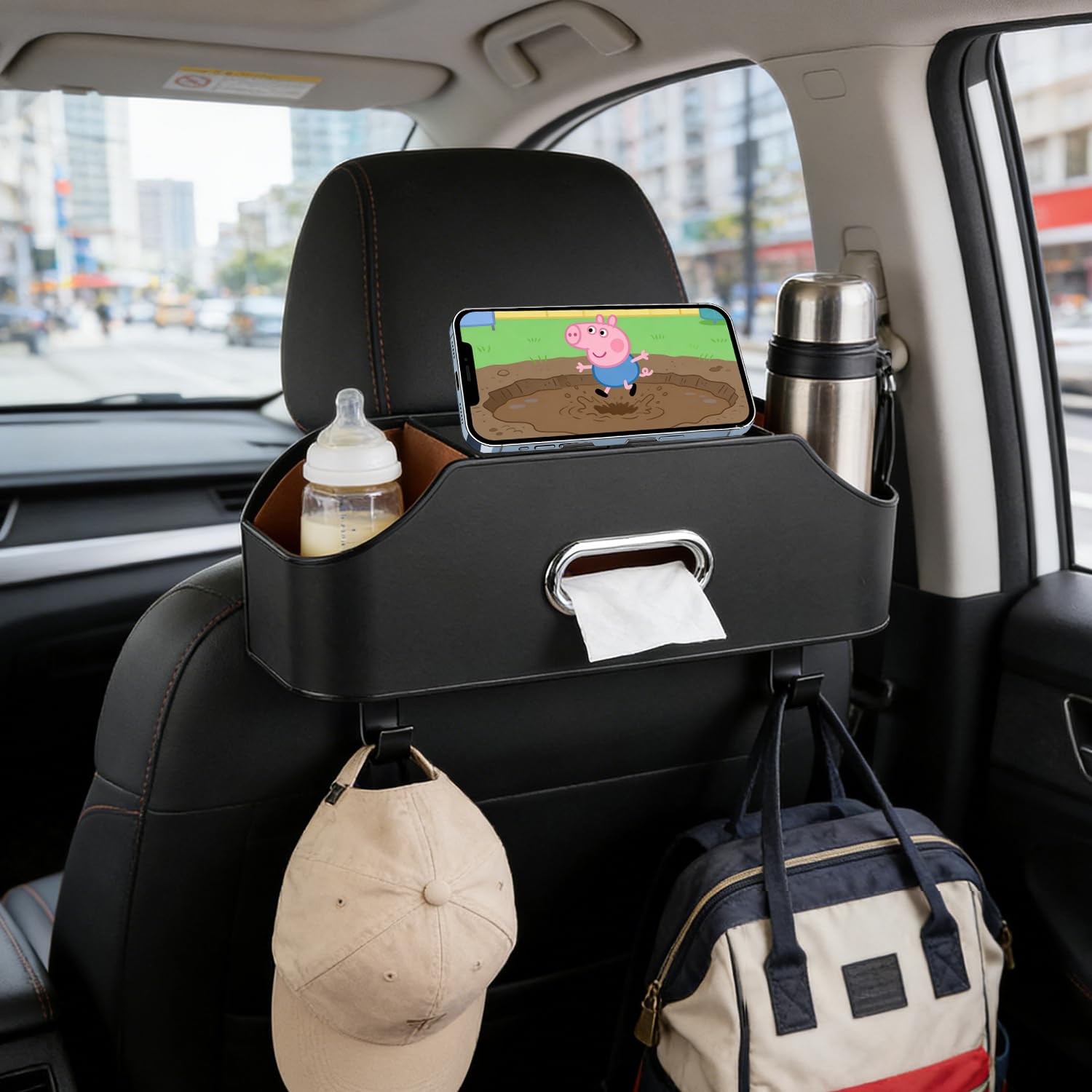 Abnaok Organiseur de siège arrière de voiture avec 2 porte-gobelets – Boîte à mouchoirs et crochet de boîte de rangement – Rangement multifonction – Idéal pour les enfants et les voyages