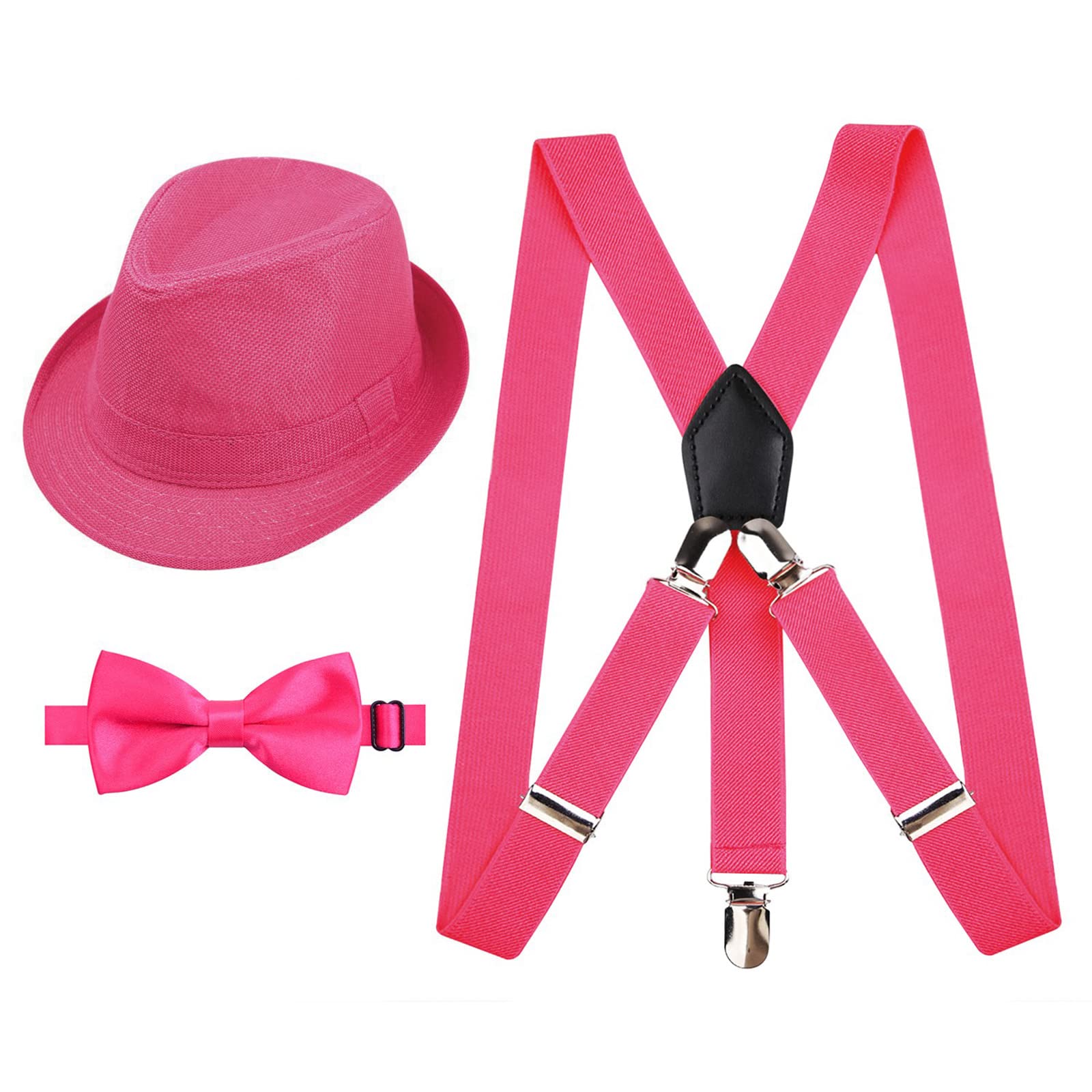 Alizeal Hot Pink 2.5Cm Elastic Braces 3 Clip Suspender And Bow Tie Set With Hat For Kids
