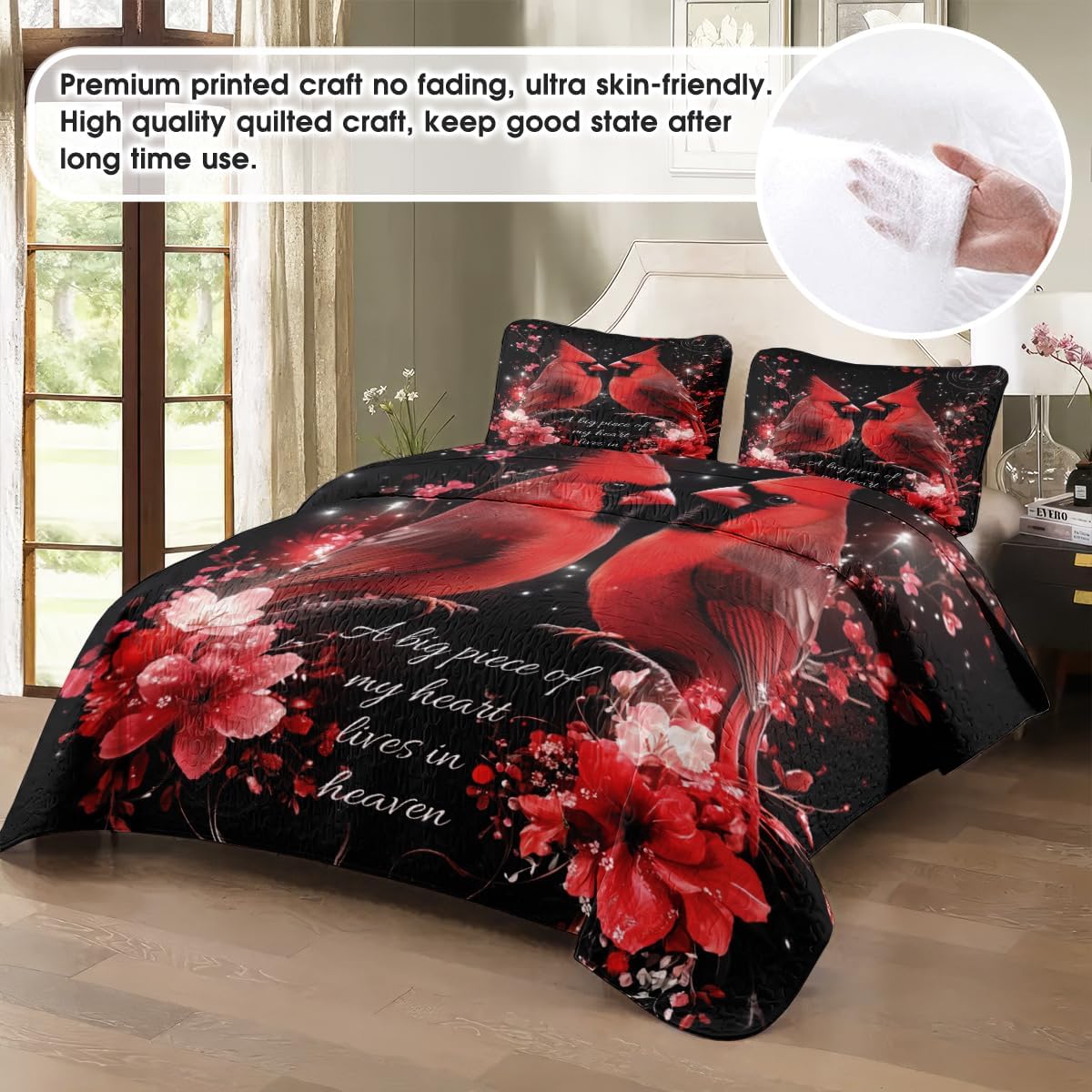 Vintage Cardinal Quilt Set - Red Bird Patchwork Winter Bedspread, 2-Piece Set (Twin/Full/Queen/King)
