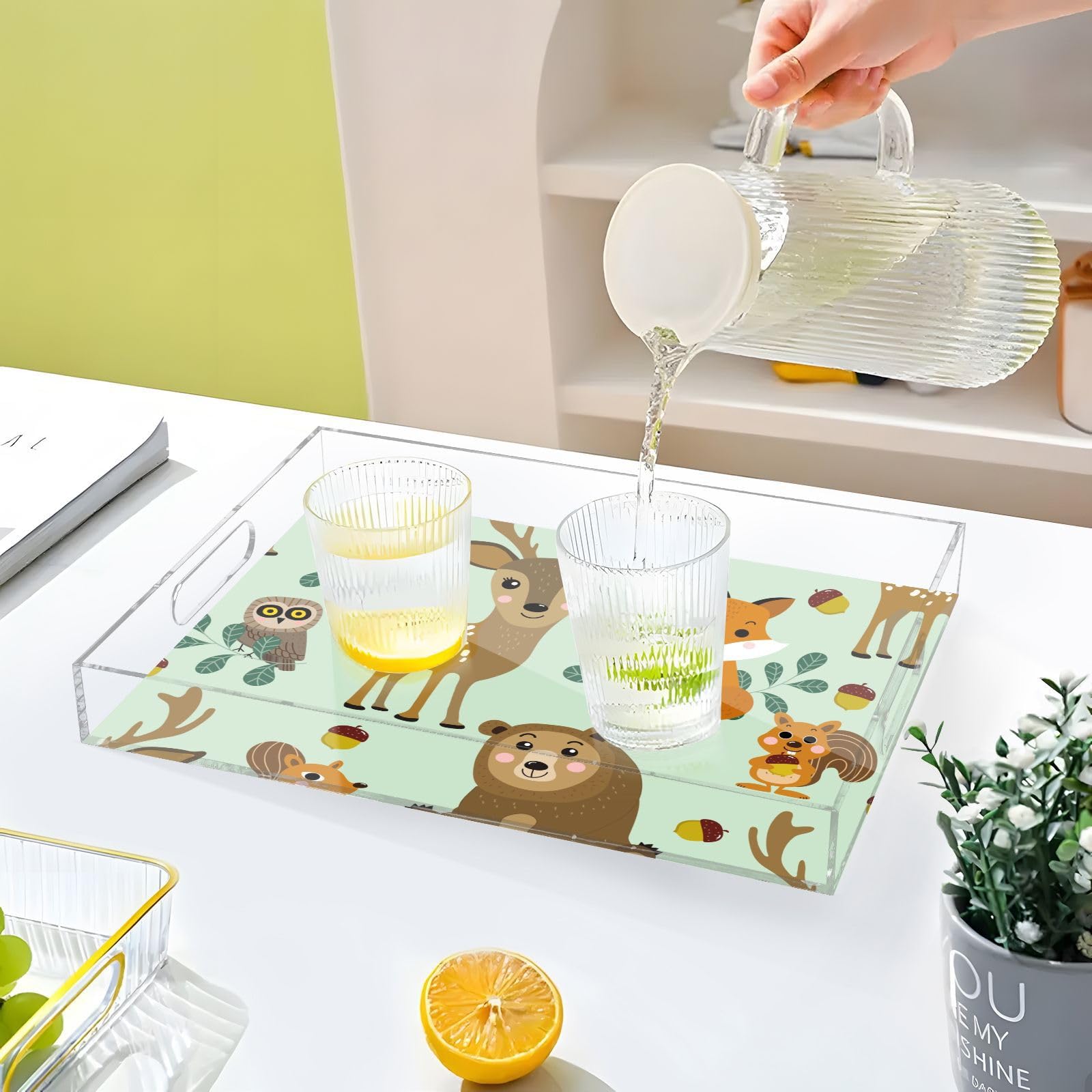 Bandeja transparente de mesa transparente con asas, bandeja decorativa acrílica de 12 x 16 pulgadas, bandeja decorativa de animales personalizados, bandejas impermeables para servir