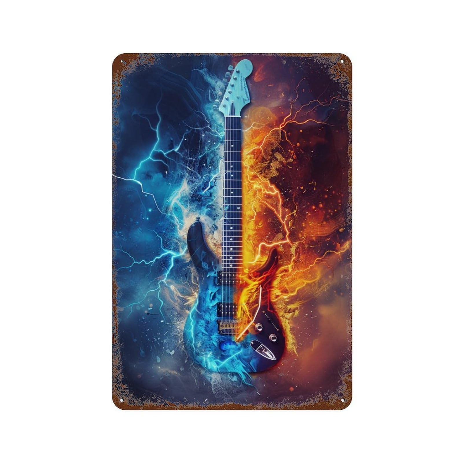 Rust Effect Electric Guitar with Fire And Ice Effect Rusty Metal Tin Sign 11.8"x7.9", Farmhouse Wall Decor for Cafe, Home Bar And Lounge Decor