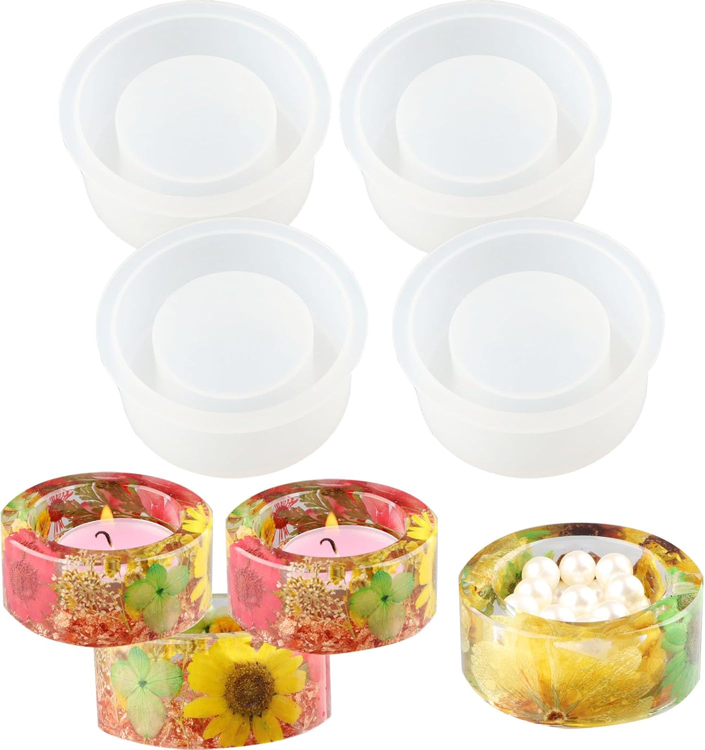 Tealight Candle Holder Resin Molds Silicone,4Pcs Round Candle Holder Molds for Resin,Epoxy Resin Molds for DIY Crafts,Trinket Container,Candlestick,Wedding,Home Decor