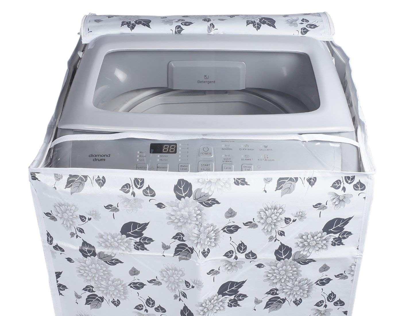 Housse pour machine à laver à charge supérieure adaptée pour 7 kg, 7,2 kg, 7,5 kg, 8 kg (56 cm x 56 cm x 88 cm), moitié blanche et grise