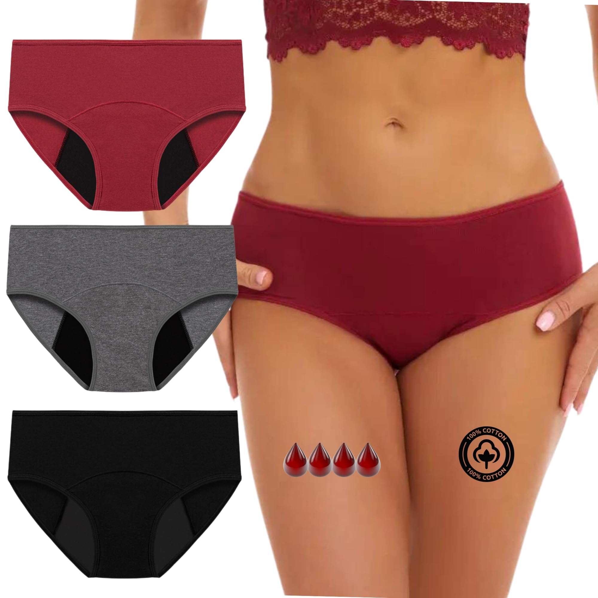 NUBE ROJA Bragas Menstruales Flujo Abundante, Bragas Postparto Mujer, Periodo Menstrual, Ropa Interior de Algodón Cintura Media, Absorbentes, Lavables, Cómodas y Transpirables, Pack DE 3.