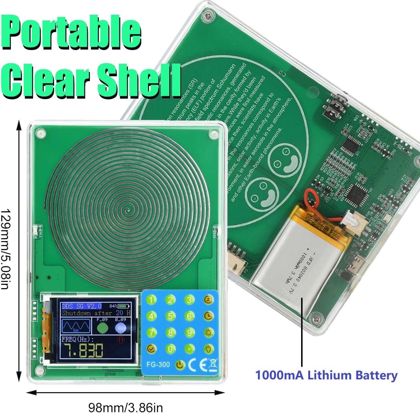Portable Signal Generator with dimensions and internal battery