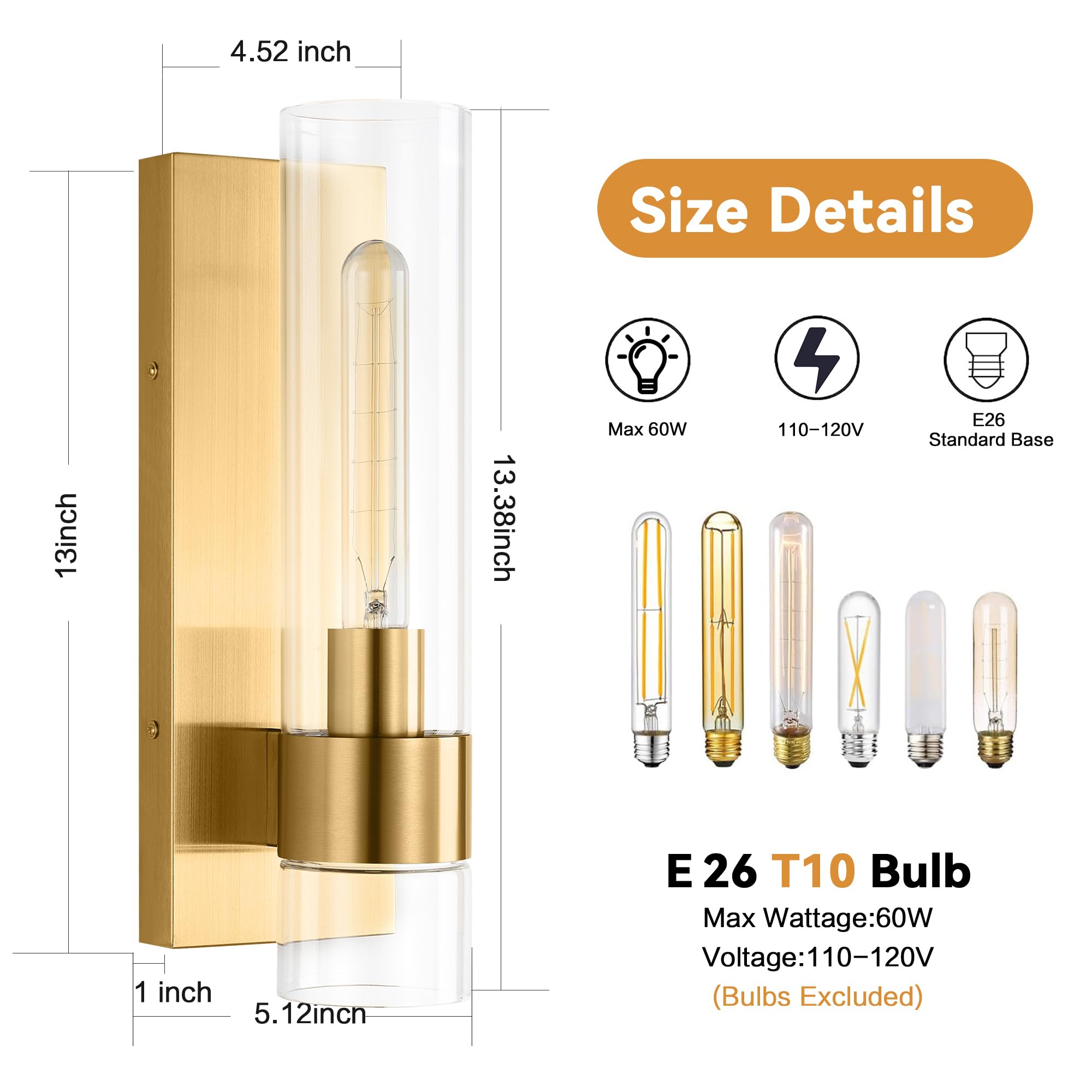 Juego de 2 apliques de pared dorados, modernos apliques de baño, iluminación de pared con vidrio transparente, apliques de baño, juego de 2, apliques de pared interiores para baño, sala de 3