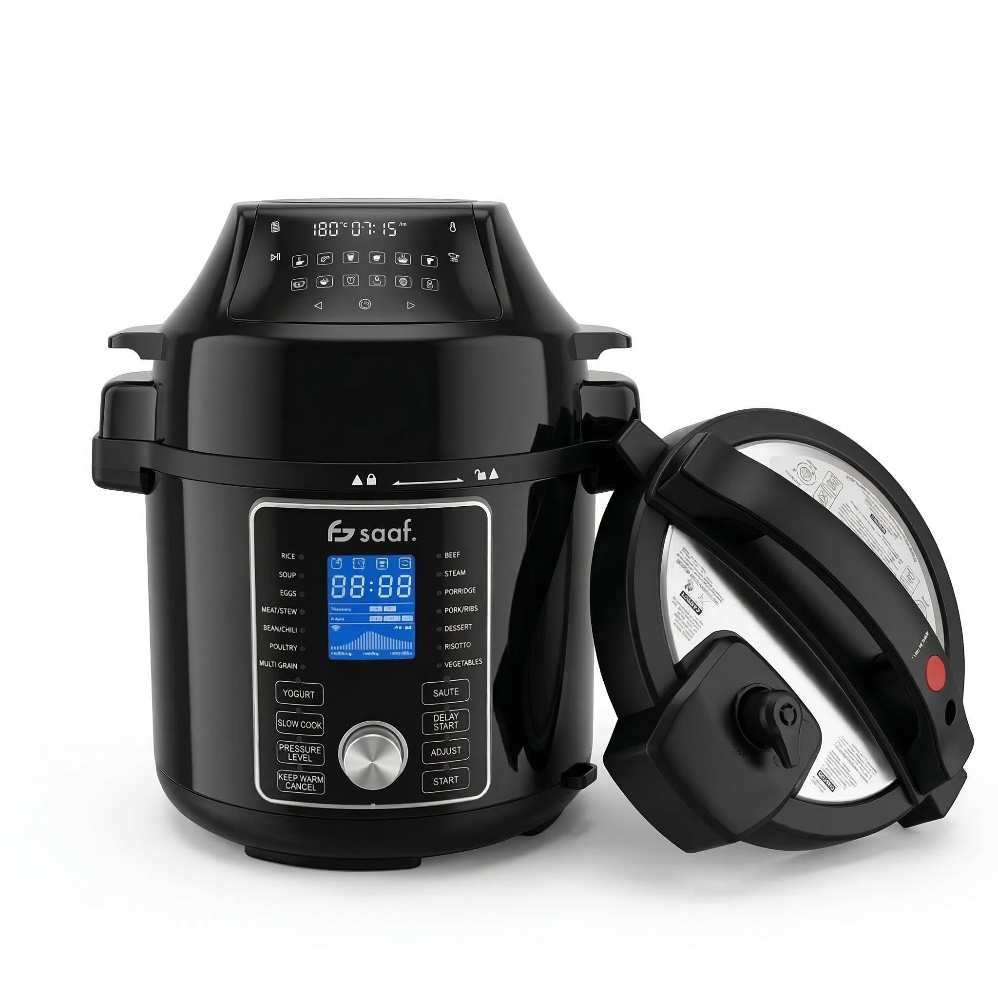 Saaf Multicooker con Airfryer – Set de 15 Piezas – 24 Programas – Slowcooker, Arrocera, Vaporizador & Olla a Presión – 6L – Incluye Cesta, Olla & Libro de Recetas – Pantalla Digital