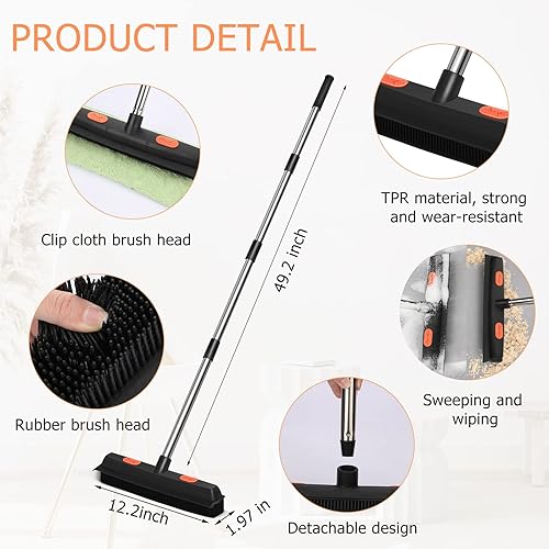 Miniatura 2 de Zubebe Escoba de goma ajustable, 4 piezas, portátil, eliminación de pelo de mascotas, escoba de goma suave con mango largo para mascotas, gatos,