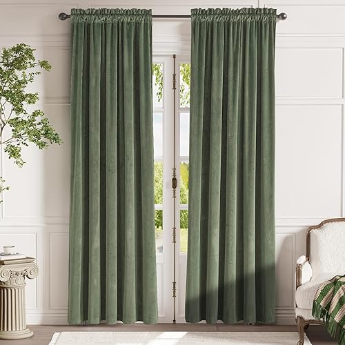 Miniatura 1 de Lazzzy Cortina opaca de terciopelo verde con aislamiento térmico para dormitorio, sala de estar, oscurecimiento de privacidad, cortinas de