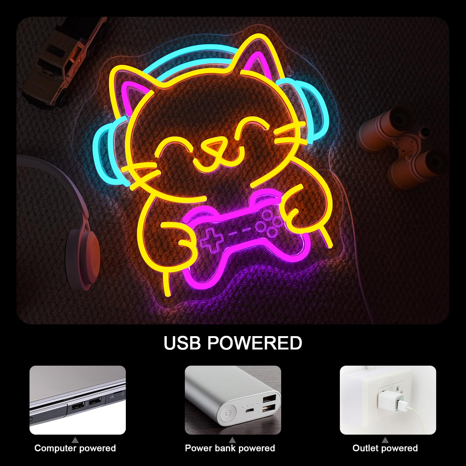Looklight Cartel de Juego de Gato de Neón, Letrero LED de Gato, Cartel de Neón para Decoración, Letrero de Neón, Luz de Juego LED de Neón Regulable con USB para Sala de Juegos, Dormitorio, Salón, Bar
