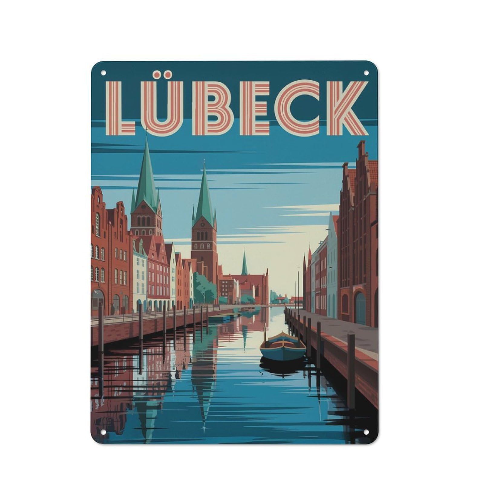 Junmoney Style-15 Lübeck Cityscape Travel Retro Metal Wall Decor 40X30cm, Tin Wall Sign For Coffee Bar, Small Shop Or Dining Room