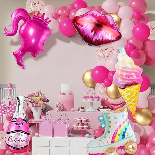 Miniatura 6 de El kit de arco de guirnalda de globos rosas de 126 piezas incluye 5 globos estilizados rosa intenso niña rosa princesa princesa fiesta temática