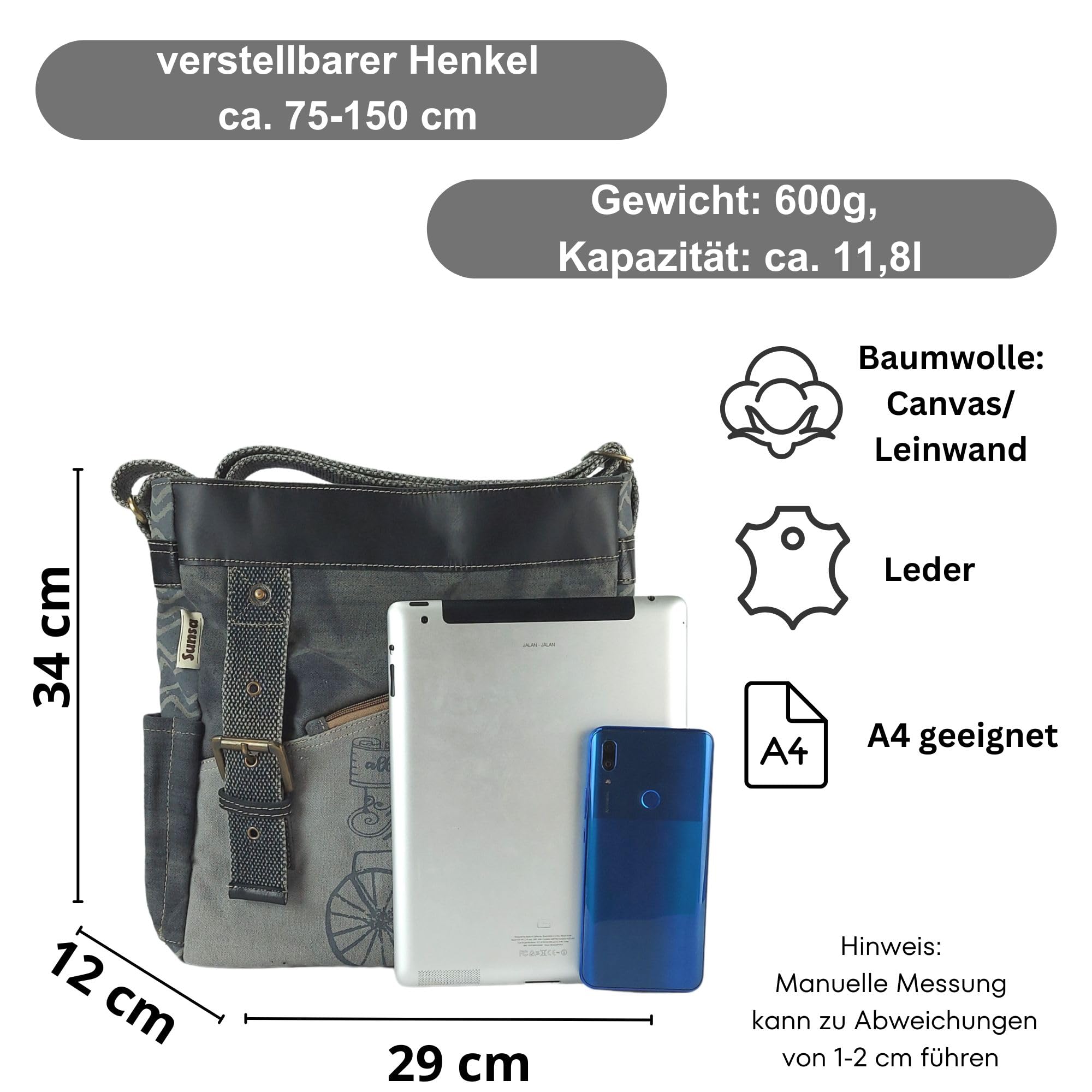 Sunsa Damen Umhängetasche.Fahrradmotiv Schultertasche, grau/schwarz Tasche | Canvas & Leder Handtasche, Vintage Damentasche mit viel Fächer & verstallbare Henkel. Große Crossover Damentasche