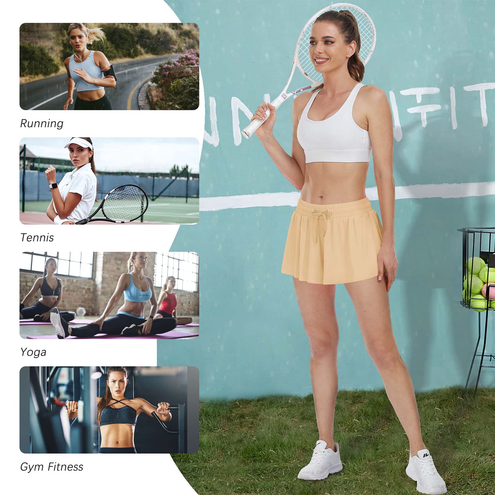 Short de Sport 2 en 1 pour Femme - avec Poche - Motif Papillon - pour la Course à Pied, l'entraînement, la Transpiration, l'élasthanne - pour se détendre, la Gym, Le Yoga, l'été