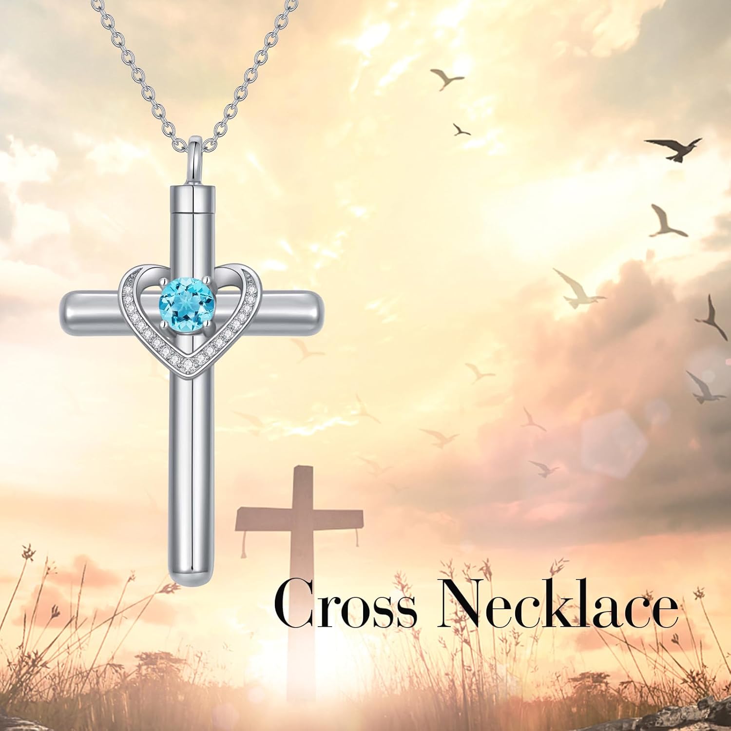 AOBOCO Cross Necklace for Ashes, Sterling Silver Birthstone Cross Urn Necklaces for Ashes Embellished with Crystals from Austria Keepsake Cremation Jewelry for Pet Human Ashes - Image 4