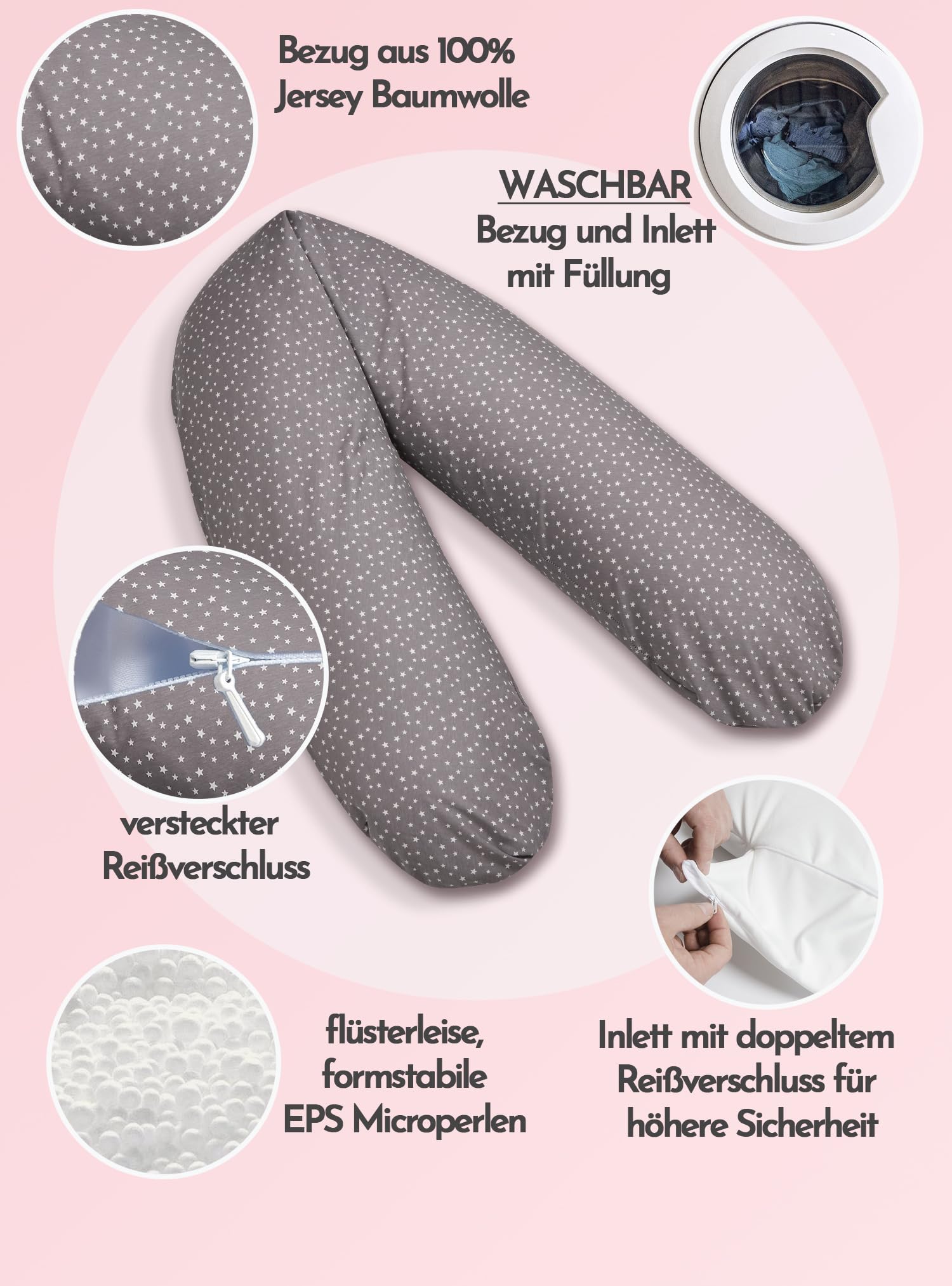 pic Bear Poduszka do karmienia premium – wysokiej jakości poduszka ciążowa – miękka poduszka do przechowywania z bawełny – poduszka do spania na boku bez substancji szkodliwych (Little Stars Grey, 194