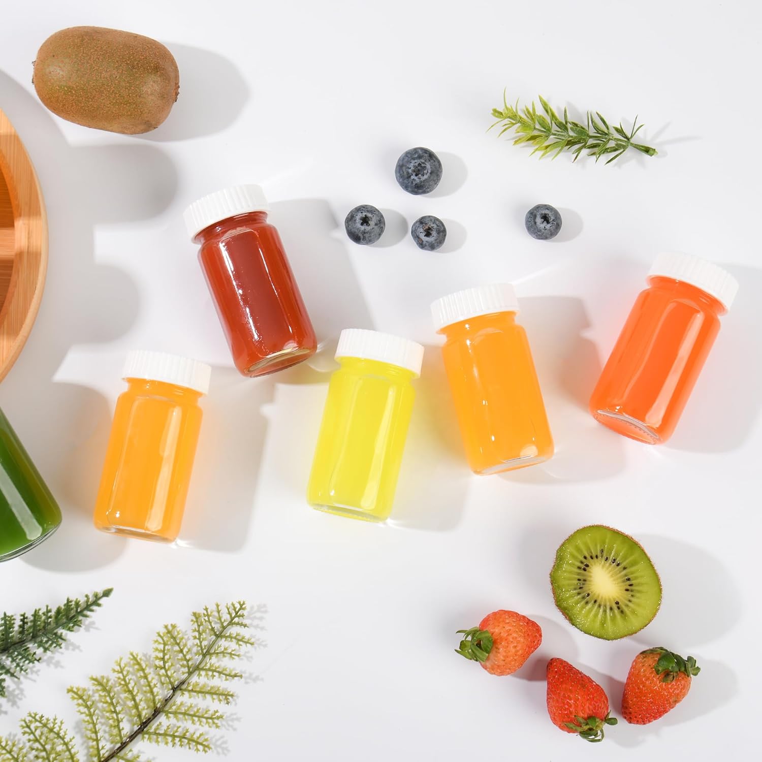 48Pack 2 oz Glass Shot Bottles with Lids, Wide Mouth Leakproof Mini Jars for Wellness Ginger Juice Shots, Whiskey, Travel, Reusable & Dishwasher Safe