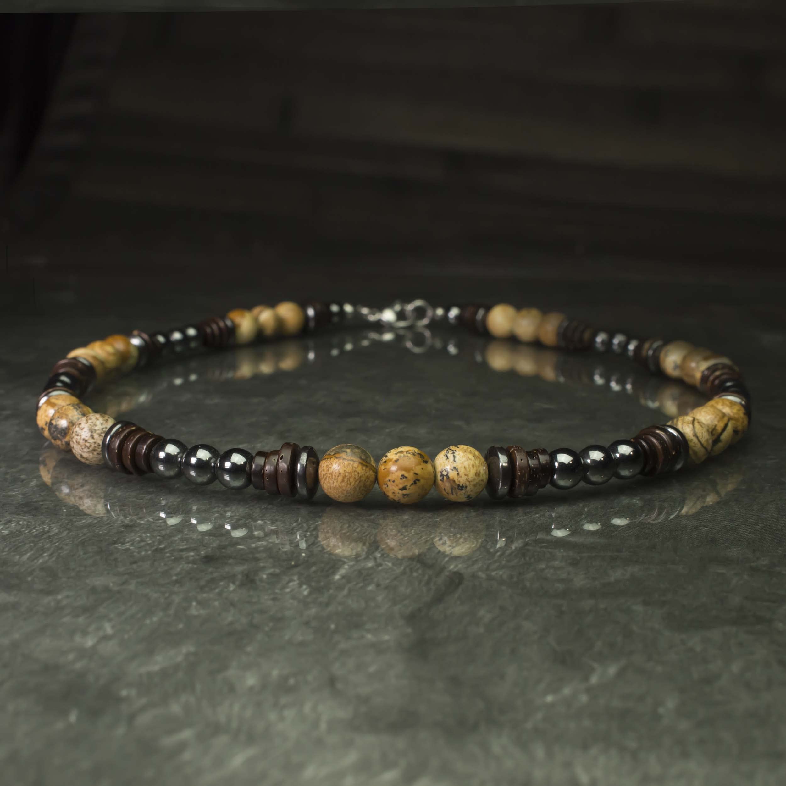 Collier Homme perles Ø6-8mm pierres naturelles Jaspe Picasso Bois Cocotier/Coco Hématite Acier inoxydable/inox couleur argent fait main en France CJBH52
