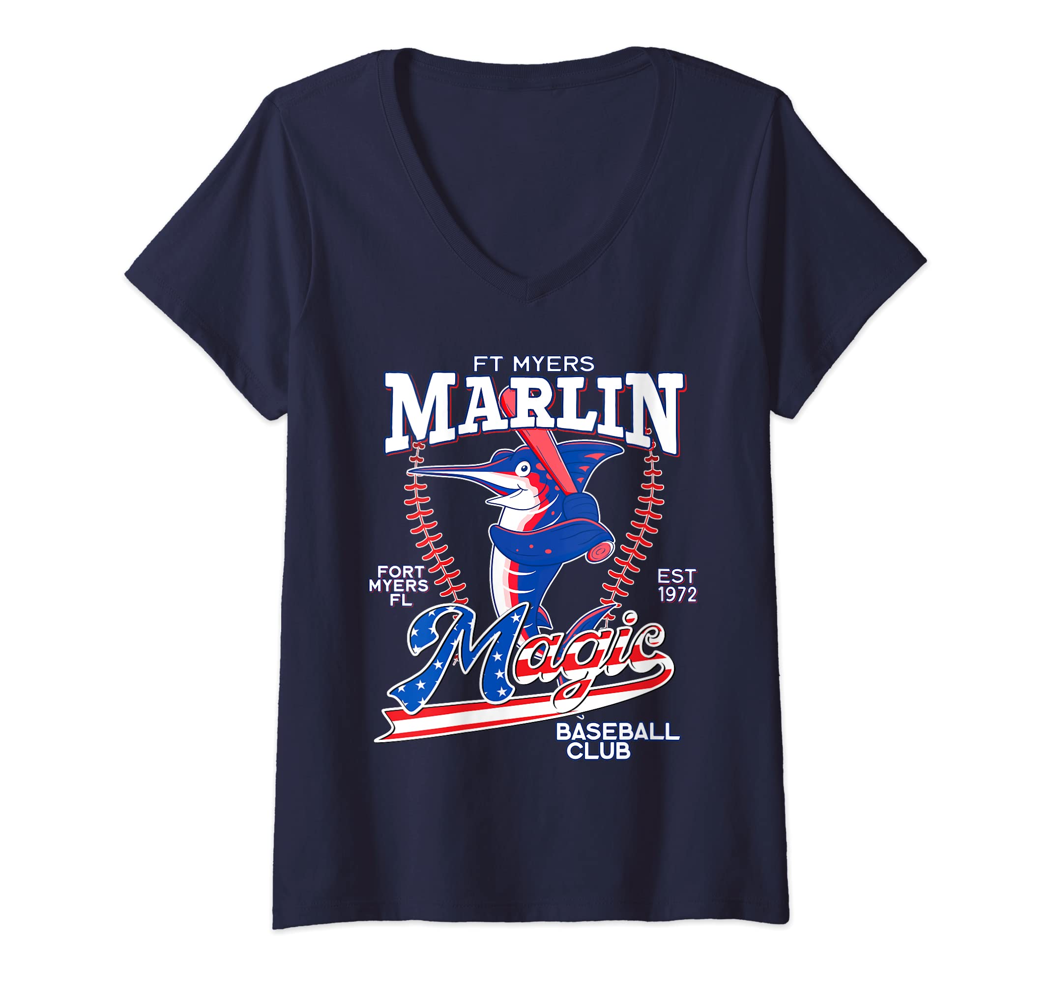 Womens Fort Myers Marlin Magic Minor League Baseball Fishing USA V-Neck T-Shirt