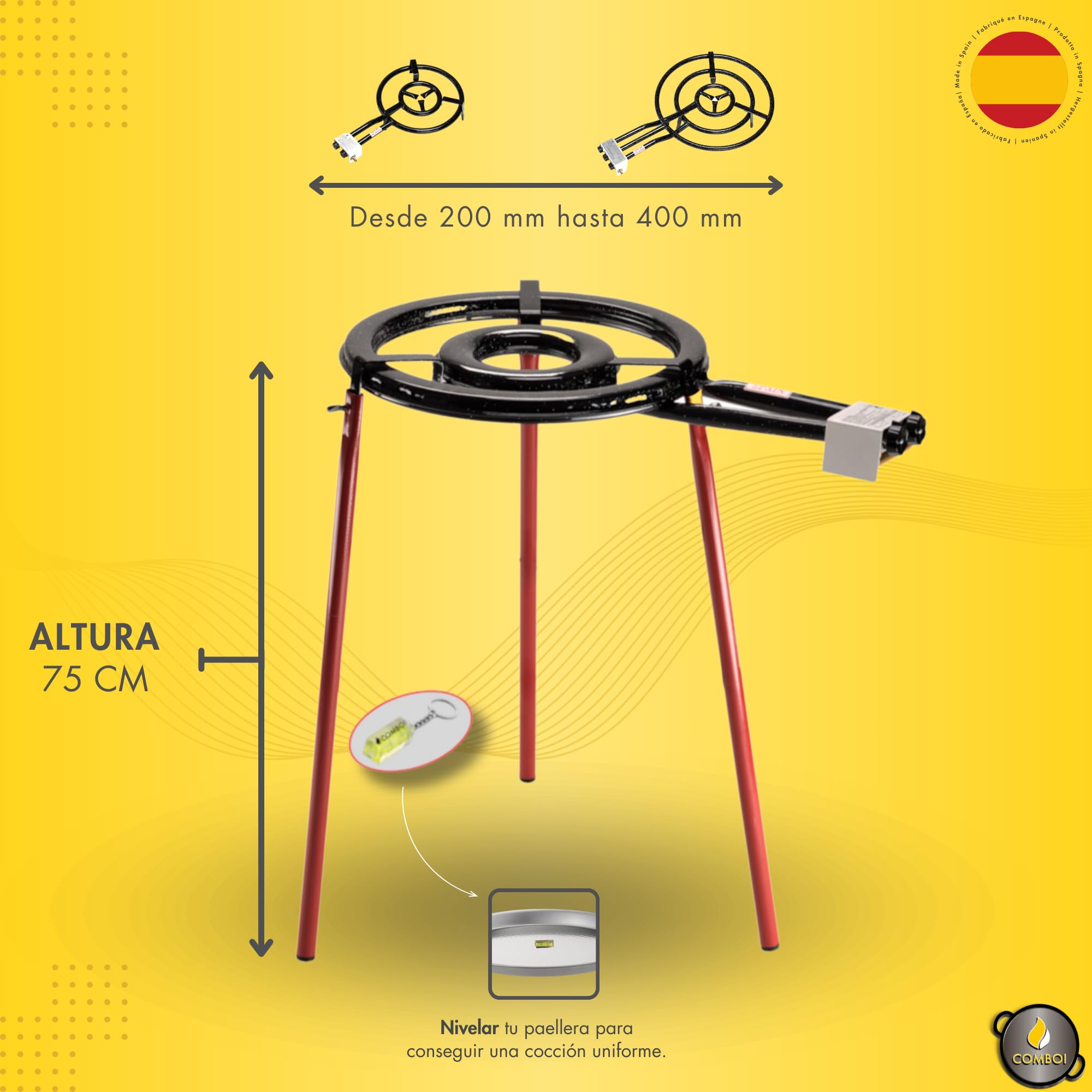 COMBOI Paellero gas butano, Kit Profesional, Quemador plano 35 cm, Paellera Pulida 46 cm, Regulador, Manguera, Soporte Patas, Nivel, Delantal, Libro Recetas Digital (Kit Paellero Pro 35 cm)