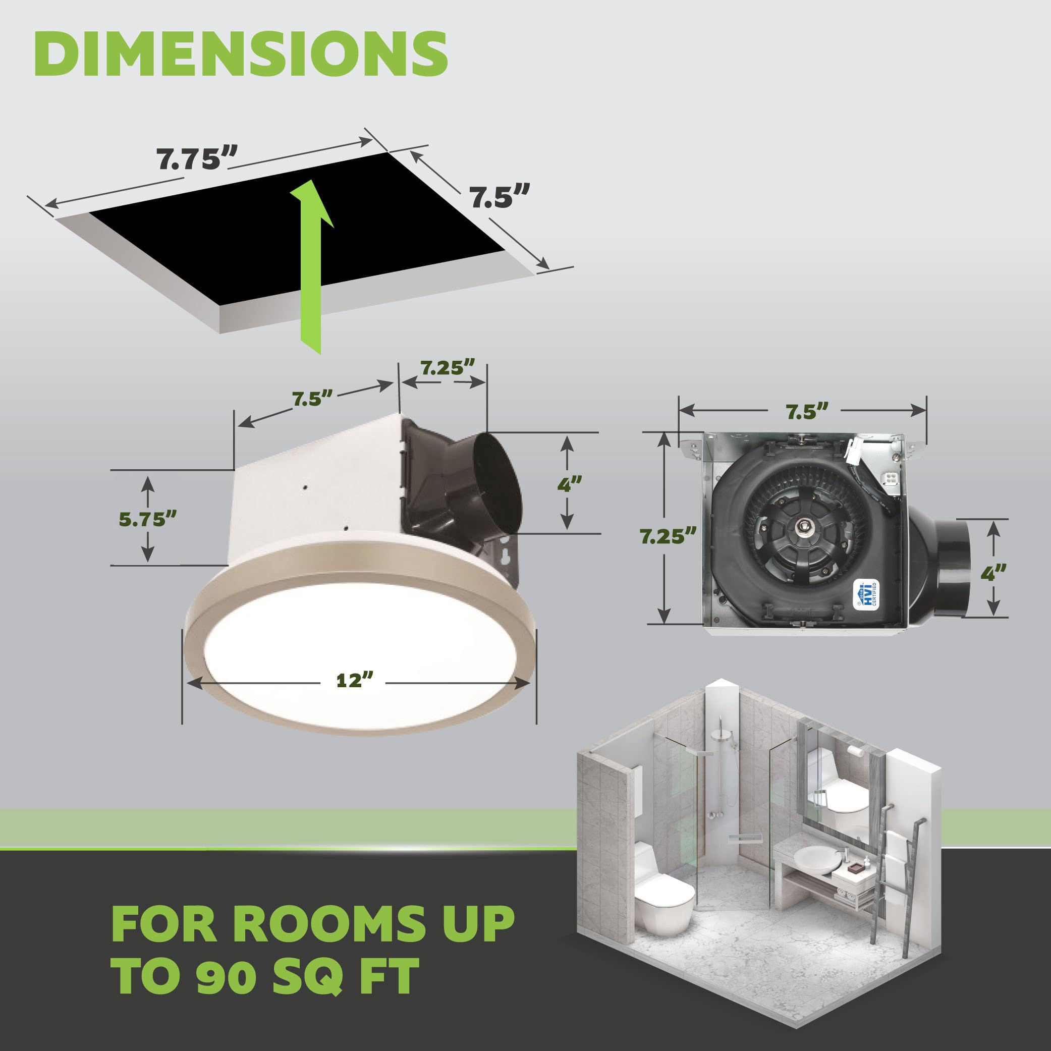 Homewerks 90 CFM Bathroom Exhaust Fan with LED, Brushed Nickel Trim