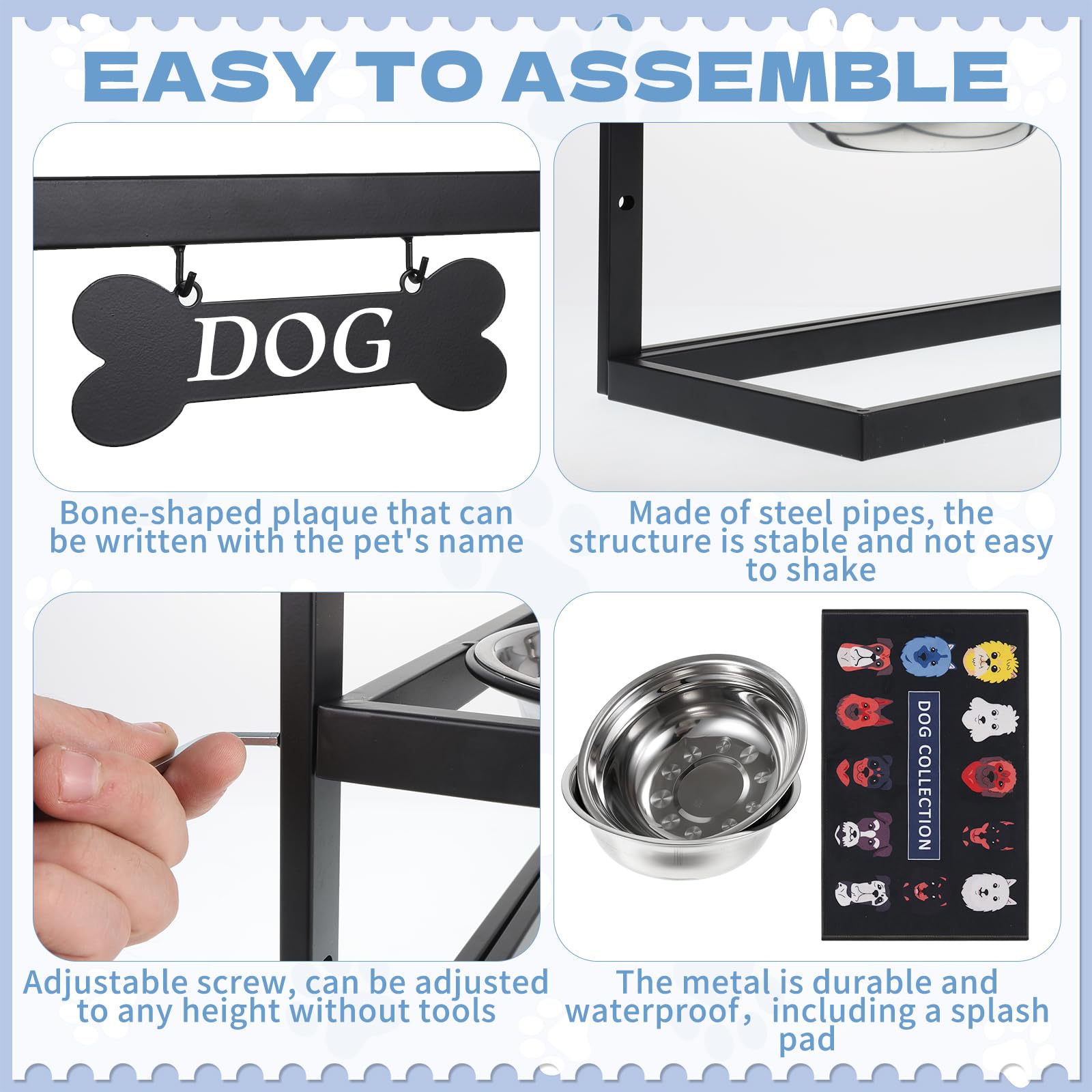 Gamelles surélevées pour chien avec tapis, support de gamelle surélevée réglable en hauteur avec 2 gamelles en acier inoxydable pour animaux de compagnie, station d'alimentation en métal pour chiens