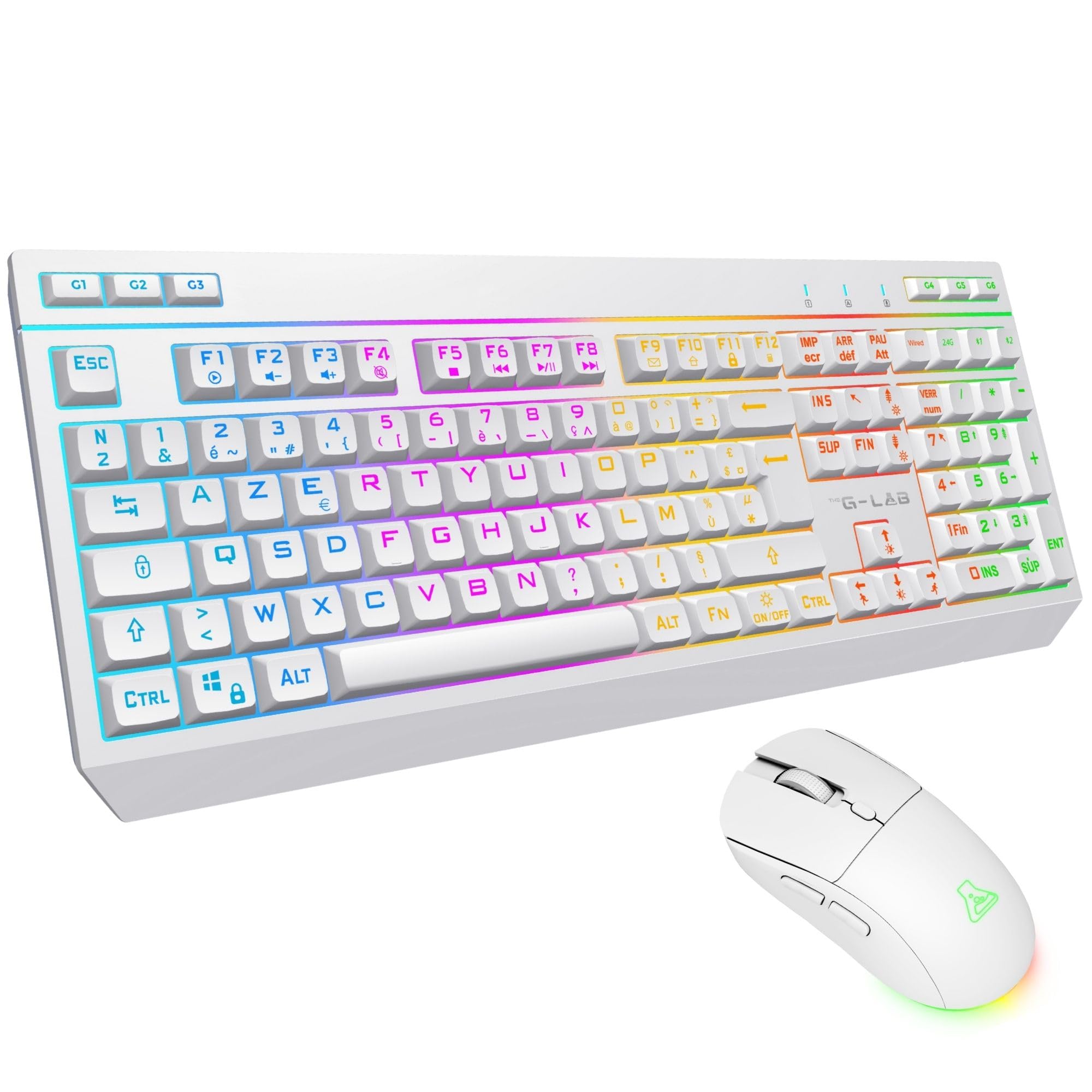 The G-Lab - Tungsten EX Combo - Zestaw klawiatury bezprzewodowej - potrójne połączenie 2,4 GHz/BT/przewodowe - AZERTY FR Gamer Keyboard RGB & Makra Custom - Bezprzewodowa mysz do gier 6400DPI - PC/PS4