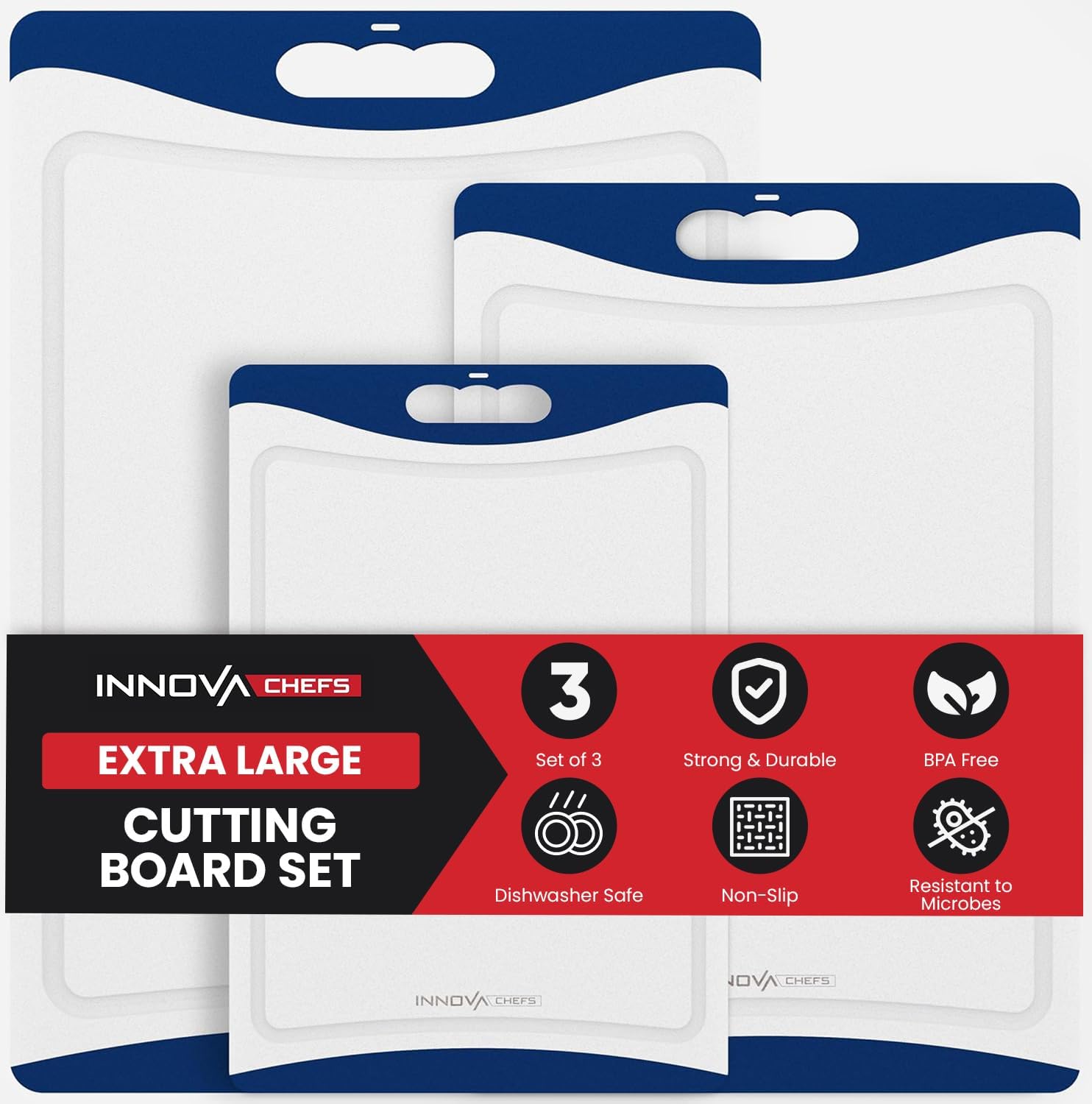 Plastic Cutting Boards for Kitchen (White/Dark Blue) – 3-Pack of Non-Slip and Reversible Plastic Cutting Board Set for Easy Slicing – Knife-Friendly Chopping Board Set with Juice Grooves Plastic Cutting Boards for Kitchen (White/Dark Blue) – 3-Pack of Non-Slip and Reversible Plastic Cutting Board Set for Easy Slicing – Knife-Friendly Chopping Board Set with Juice Grooves