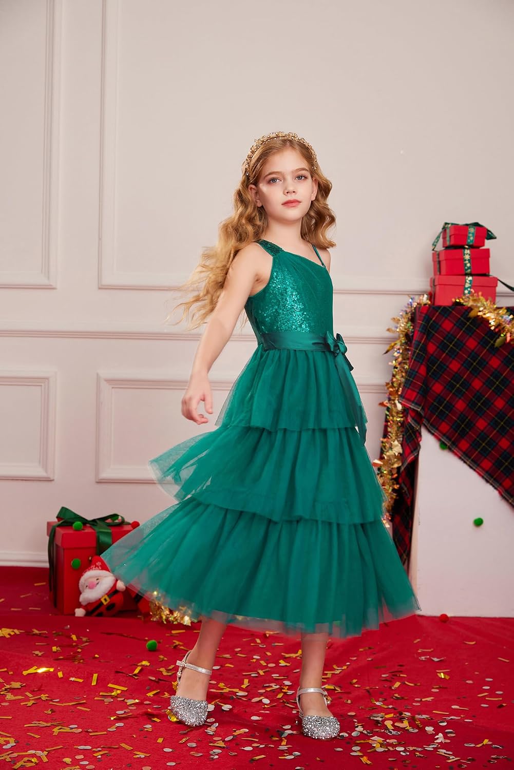 GRACE KARIN Girls Sequin Tulle Dress One Shoulder Formal Party Holiday Maxi Dress for Girl 6-14Y