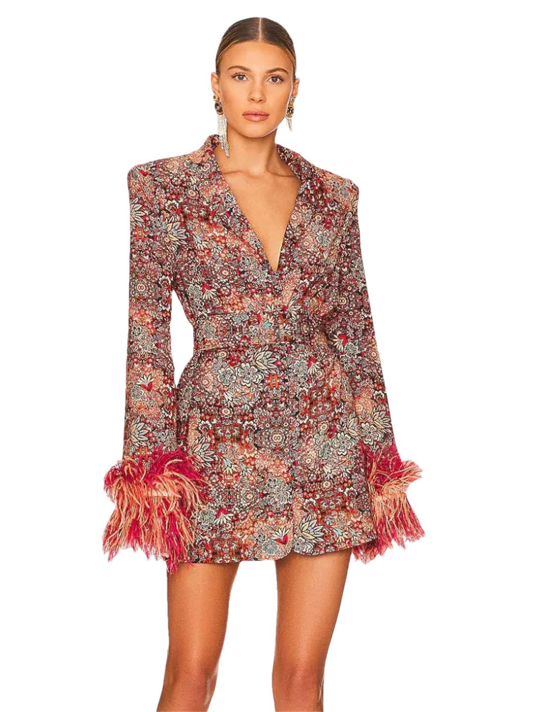 Women Sexy Long Sleeve V Neck Floral Blazer Dress Ostrich Feather High Street Lady Dress