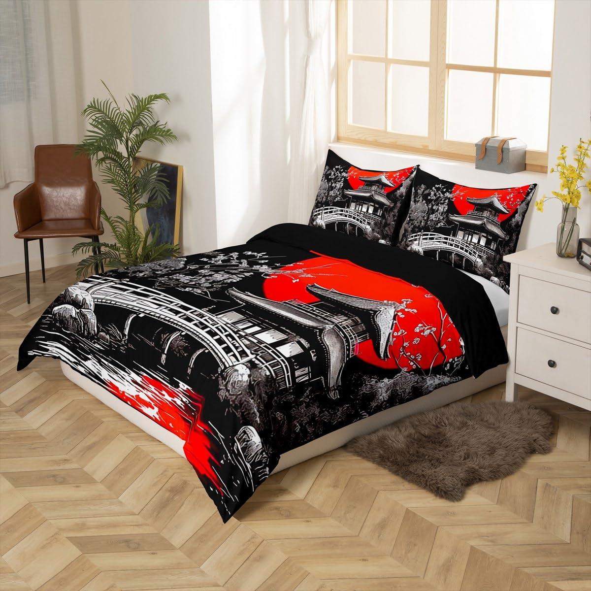 Loussiesd Japanese Ukiyoe Duvet Cover Set King Size For Kids Boys Girls Adults Japanese Style Bedding Set Red Sunset Comforter Cover with 2 Pillowcases Hokusai Pattern Beds Set - Image 3
