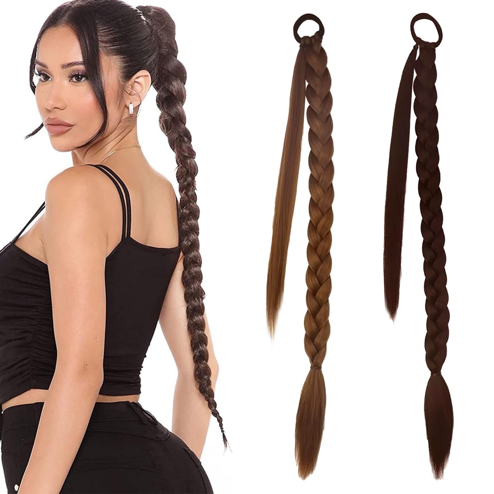 2 Pezzi Treccia Finta Capelli con Elastico, 66cm Lunga Extension Capelli Treccine, Morbidezza Naturale Trecce Finte per Capelli per Donne (Marrone Chiaro/Scuro)