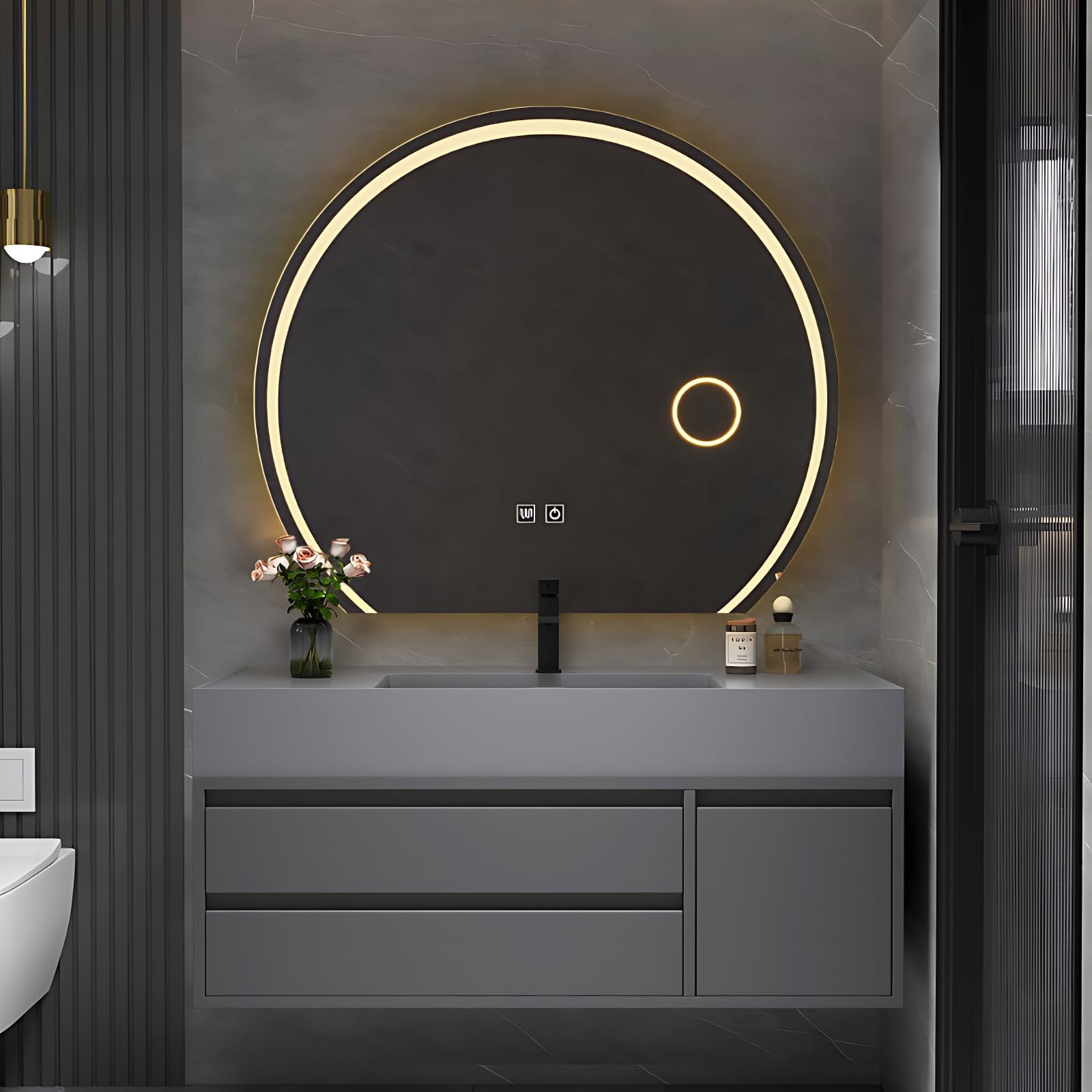 Set da bagno con lavandino e specchio a LED, armadietto in legno massiccio da 91,4 cm, 2 ante, funzione di smorzamento e ingrandimento per riporre oggetti eleganti e decorazioni moderne