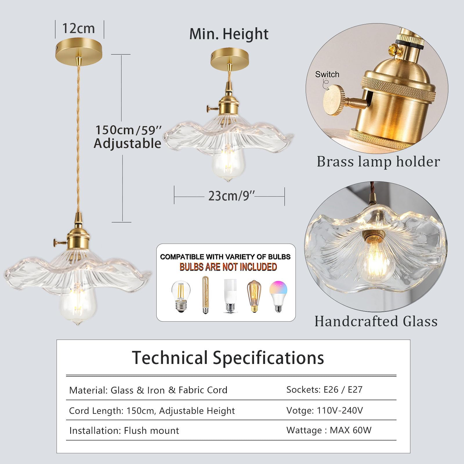EKSED Lampe à suspension en verre vert Douille en laiton doré avec interrupteur, plafonnier suspendu pour îlot de cuisine (Effacer)