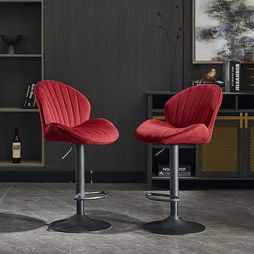 Juego de 2 taburetes de bar, taburetes de bar ajustables con respaldo y reposapiés, taburetes de bar de terciopelo de diseño moderno con base de Rojo