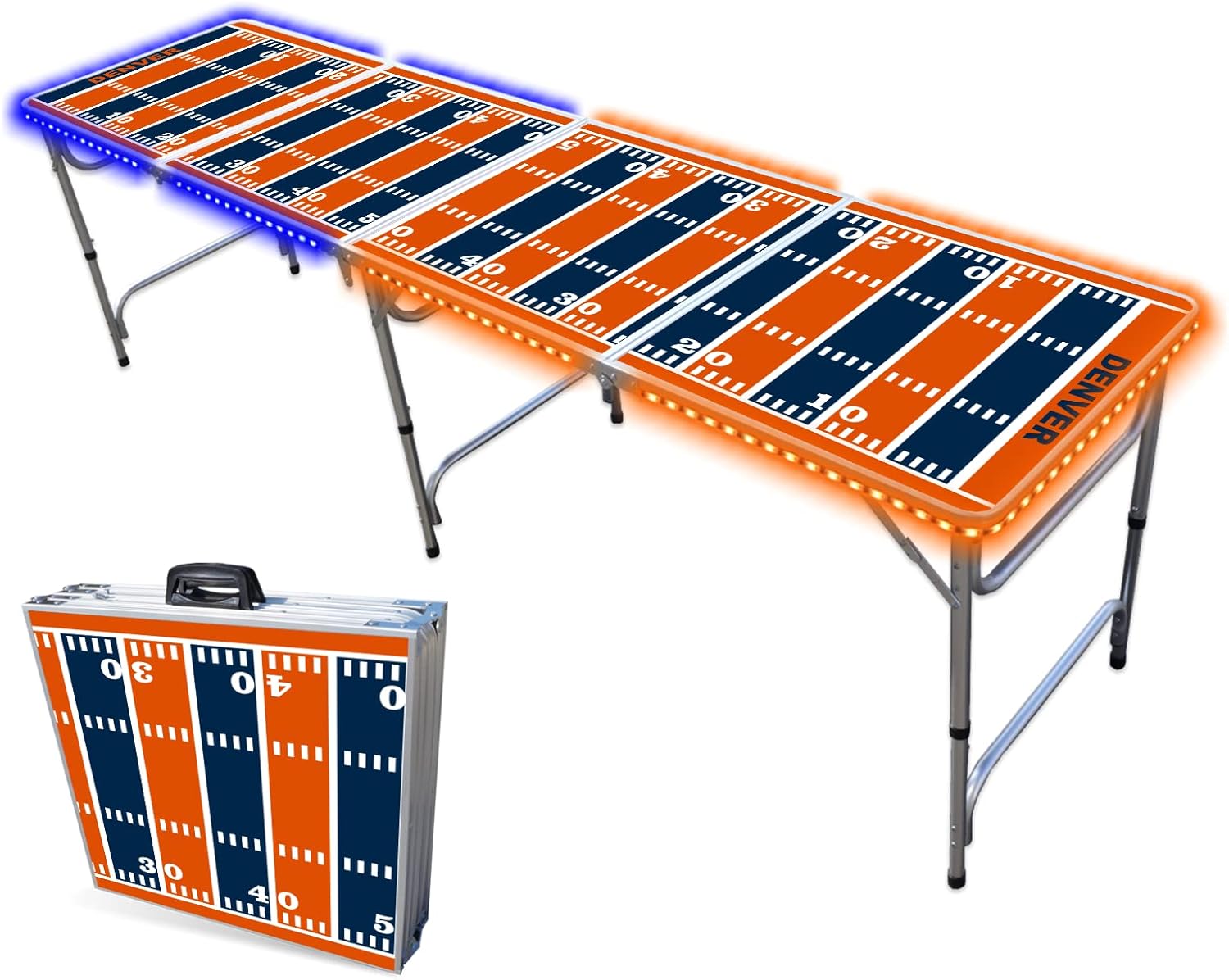 8-Foot Folding Portable Pong Table w/Optional Cup Holes & LED Lights - Denver Football Field (Choose Your Model)
