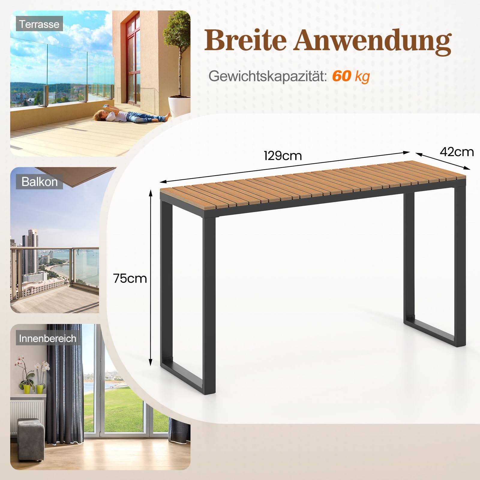 COSTWAY Gartentisch wetterfest, 129x42cm, Terrassentisch mit WPC-Tischplatte und Metallrahmen, rechteckiger Balkontisch, Outdoor-Esstisch für Balkon, Terrasse, Garten