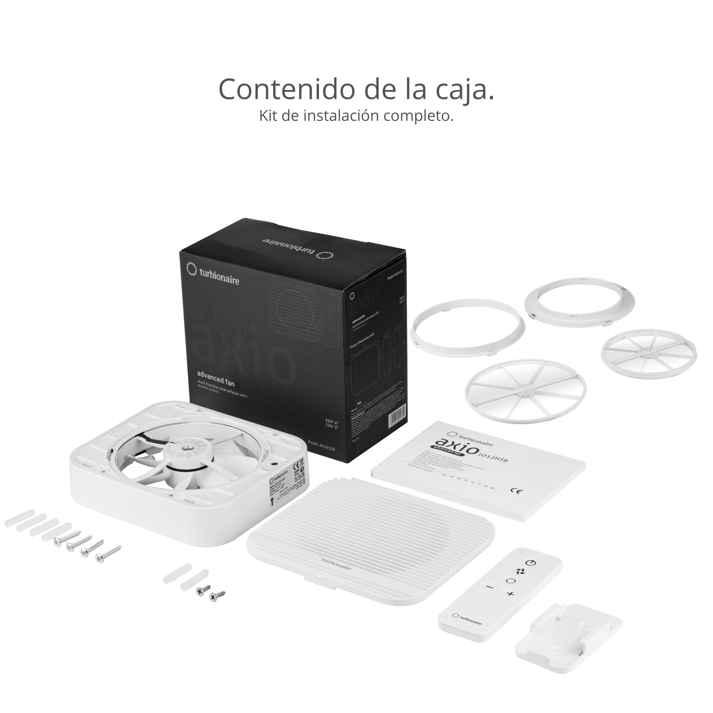 Turbionaire Axio 1012 R Extractor de baño, Multifuncional, 5 velocidades + Boost, Mando a distancia, Conexiones de 100 mm y 120 mm con válvula antirretorno incluida, 7.8W, 163 m³/h, Blanco