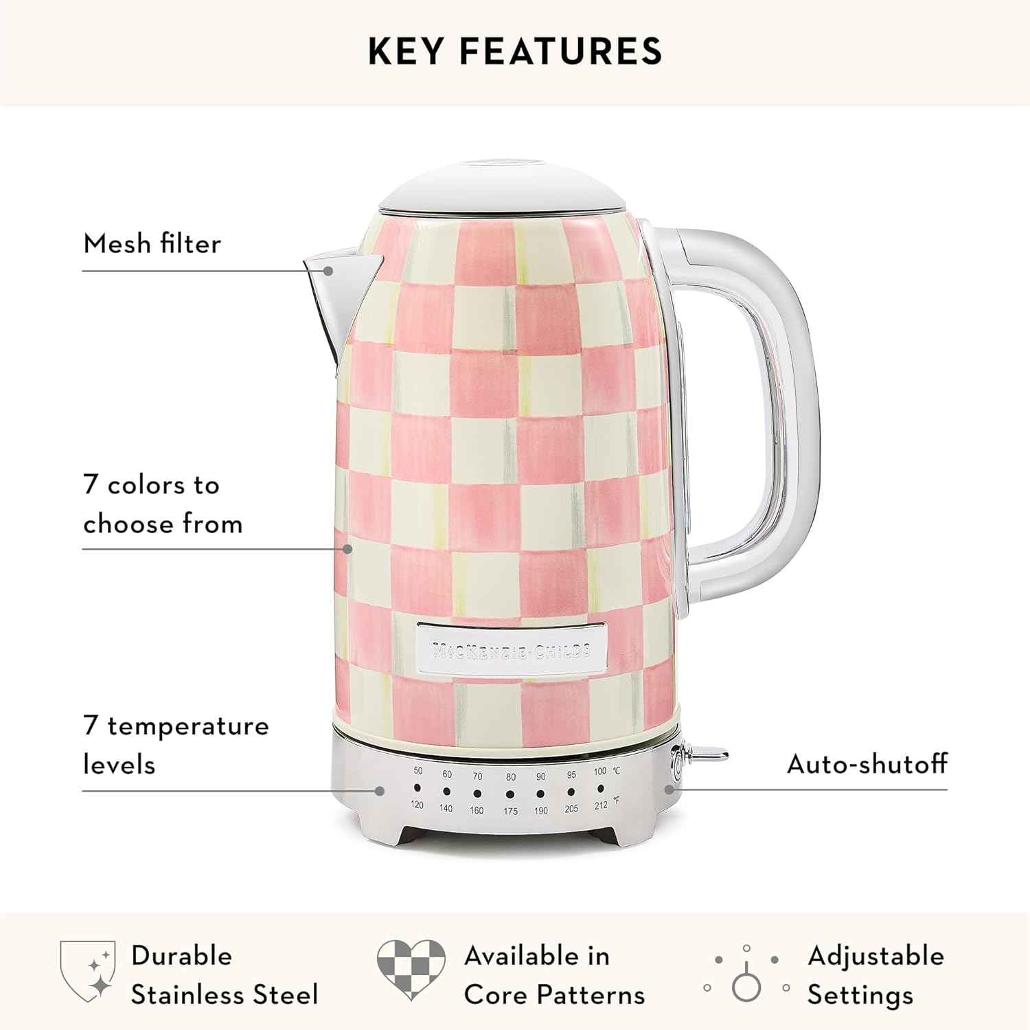 MACKENZIE-CHILDS Stainless-Steel Electric Kettle Bundle with Stainless-Steel 2-Slice Toaster, Pink-and-White Rosy Check