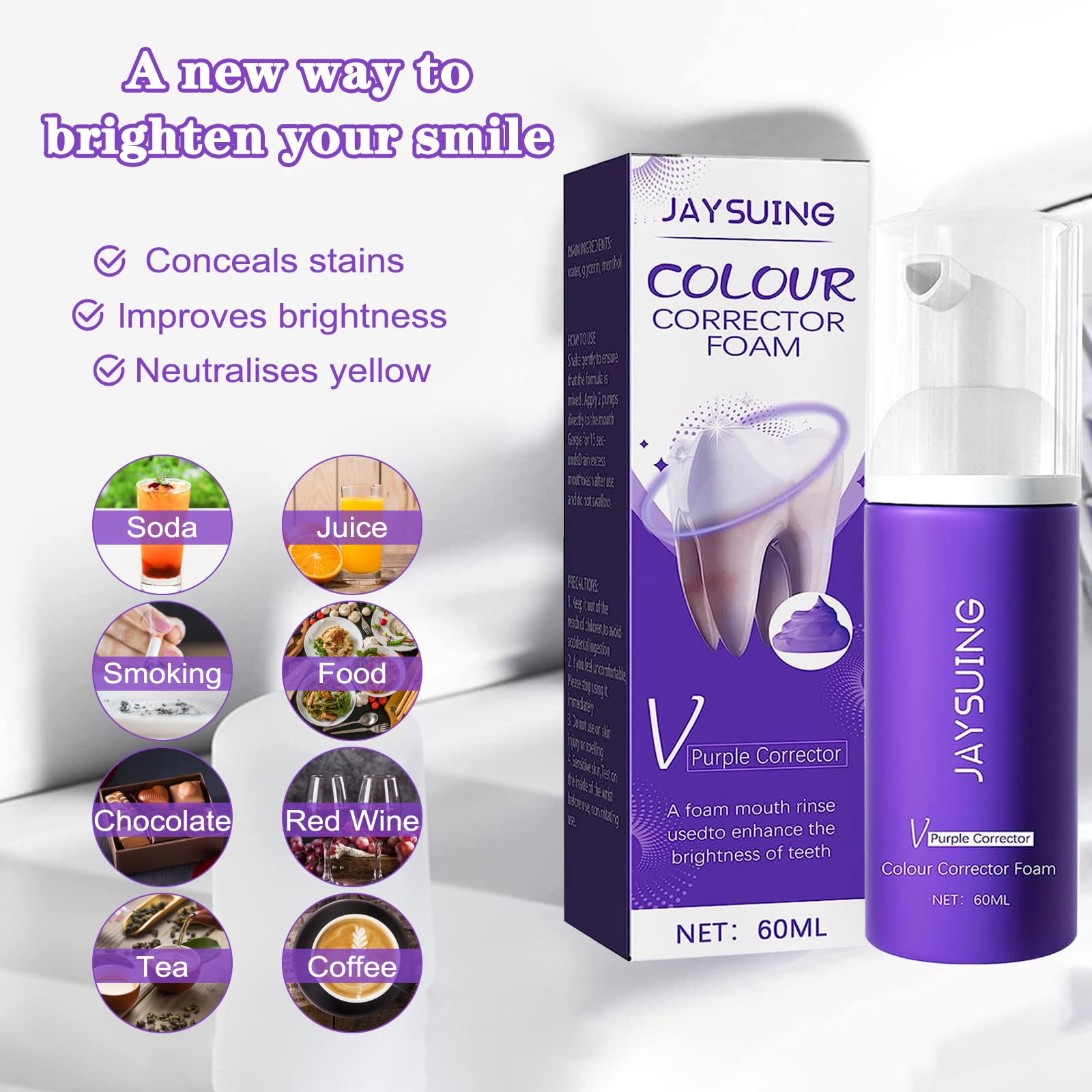 Dentifrice Mousse Violet Blanchissant ACWOO - 1 G - Sans Saveur - Neuf - Pour Adultes