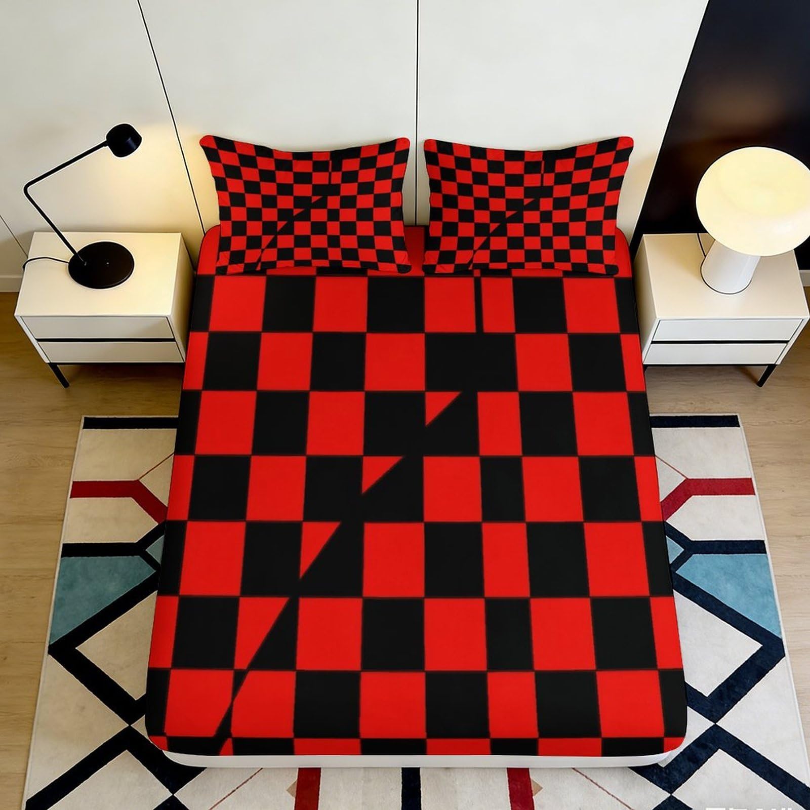 Jqzkxnhpbr Style-4 3D Printed Red Black Checkerboard Fitted Sheet Microfiber Soft Breathable Geometric Bed Cover For Bedroom Dorm Decor 90X200x25cm