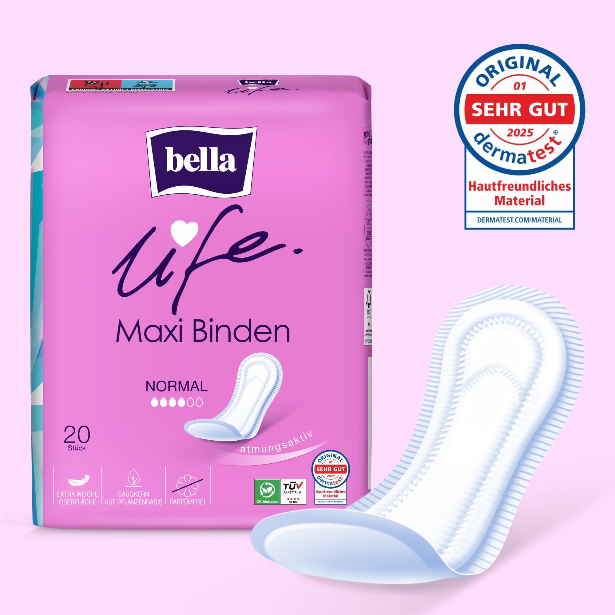 bella life Maxi Damenbinden ohne Flügel Normal 140 Stück (7x20) weich parfümfrei
