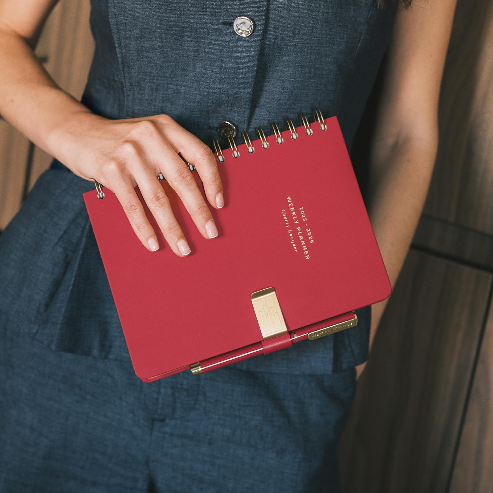 Kokonote Pen Holder Clip - Cherry Lacquer | Faux Leather Pen Holder For Notebook, Planner, Diary | 2.8 x 1 inches - 7 x 2.5 cm Pen Clip, Aesthetic Stationery