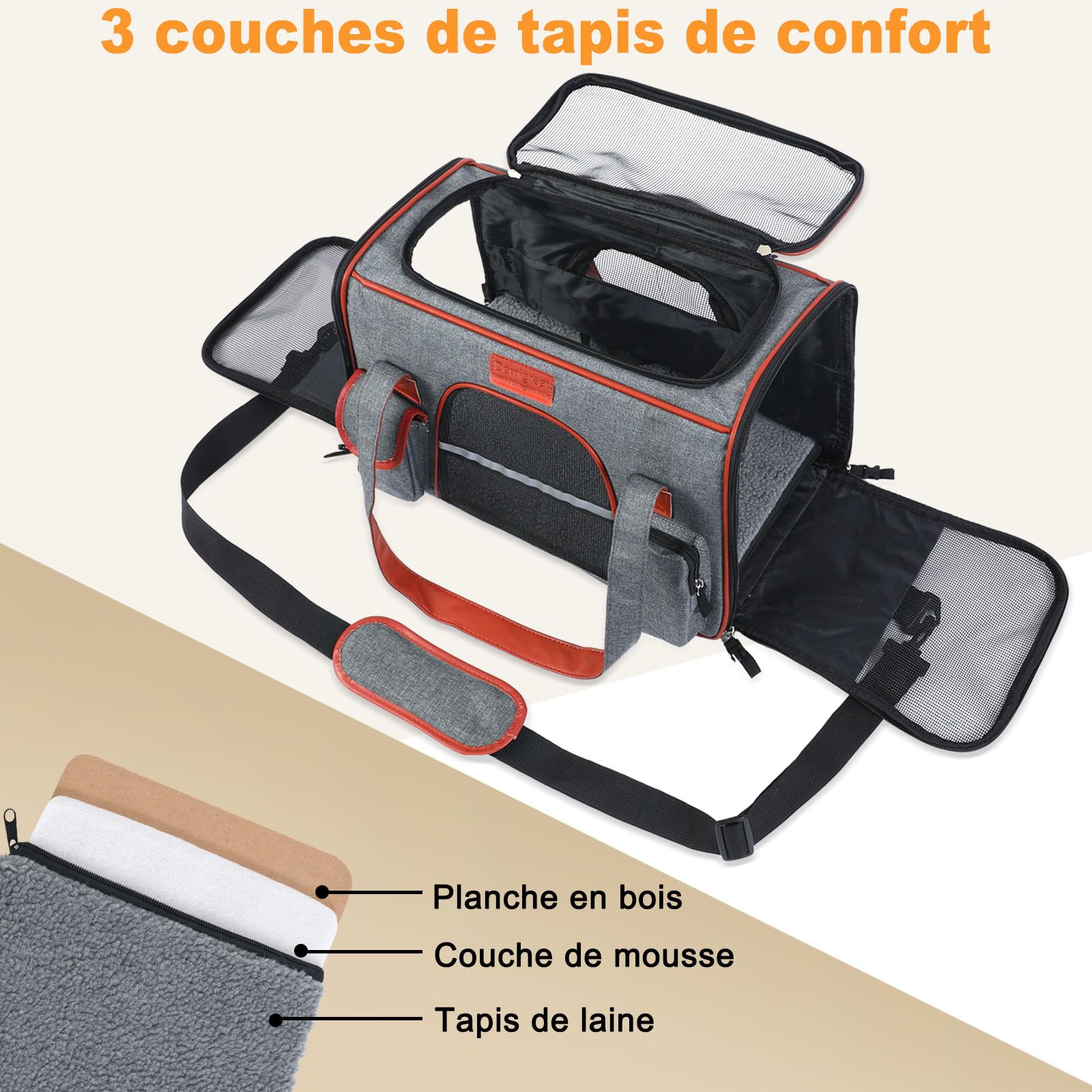 COMSLE Sac Transport Chat, Sac Transport Chat Chien avec 5 Filet Respirant, Caisse de Transport Chat Pliable avec Matelas Souple Amovible, Cage Transport Chat pour Voyage (Gris Foncé, M)