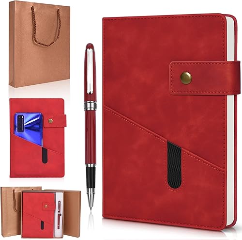 Cuaderno de cuero rayado A5 rojo, juego de diario personalizado de tapa dura con bolígrafo y caja de regalo, 100 páginas de papel de rayas gruesas disponible en Yaxa Venezuela