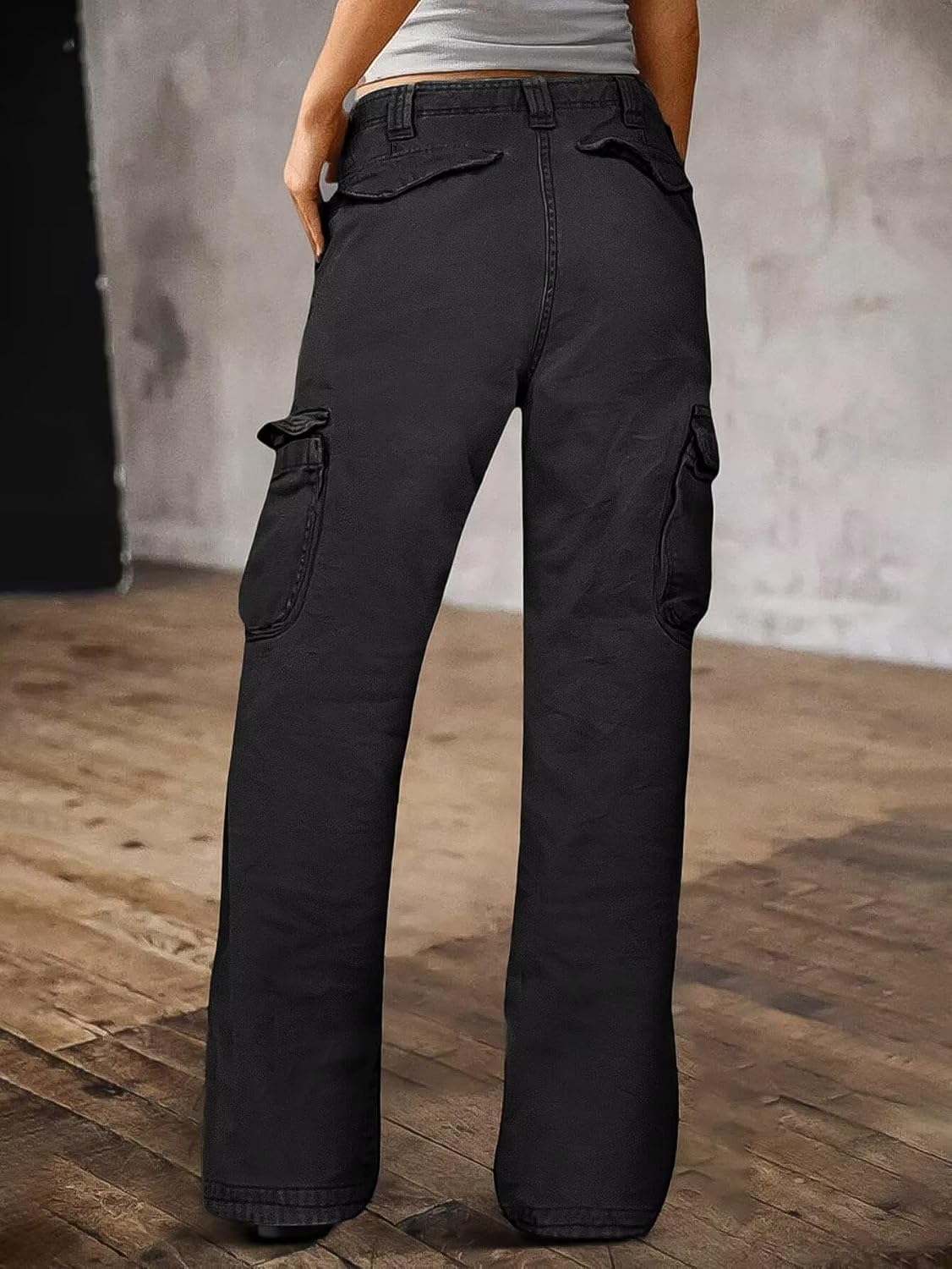 Flamingals Wide Straight Leg Cargo Pants for Women Mid Waist High Stretchy Vintage Solid Multi Flap Pocket Long Work Pants