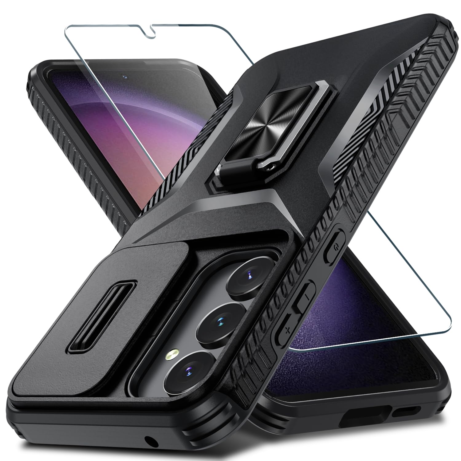 CASEJEEN for Samsung Galaxy A55 5G Case with Tempered Glass Screen Protector and Camera Lens Cover,Rotated Ring Stable Kickstand,Heavy Duty Shockproof Protective Phone Cover-Black