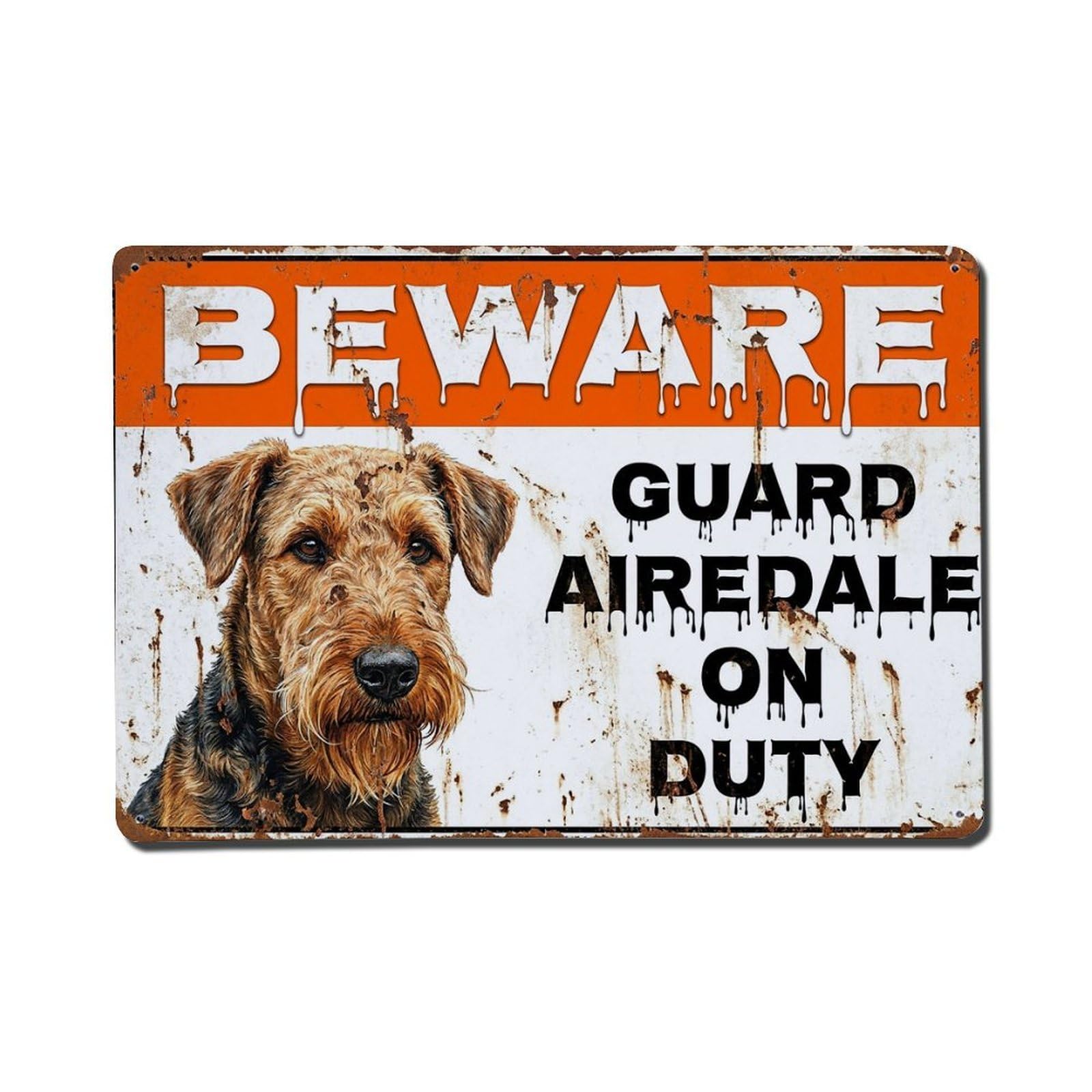 Vintage Funny Airedale Guard Beware of Dog Lawn Metal Tin Sign Plaque Wall Decor for Cafe, Club Bar, Office, Garden Metal Poster 8x12Inch